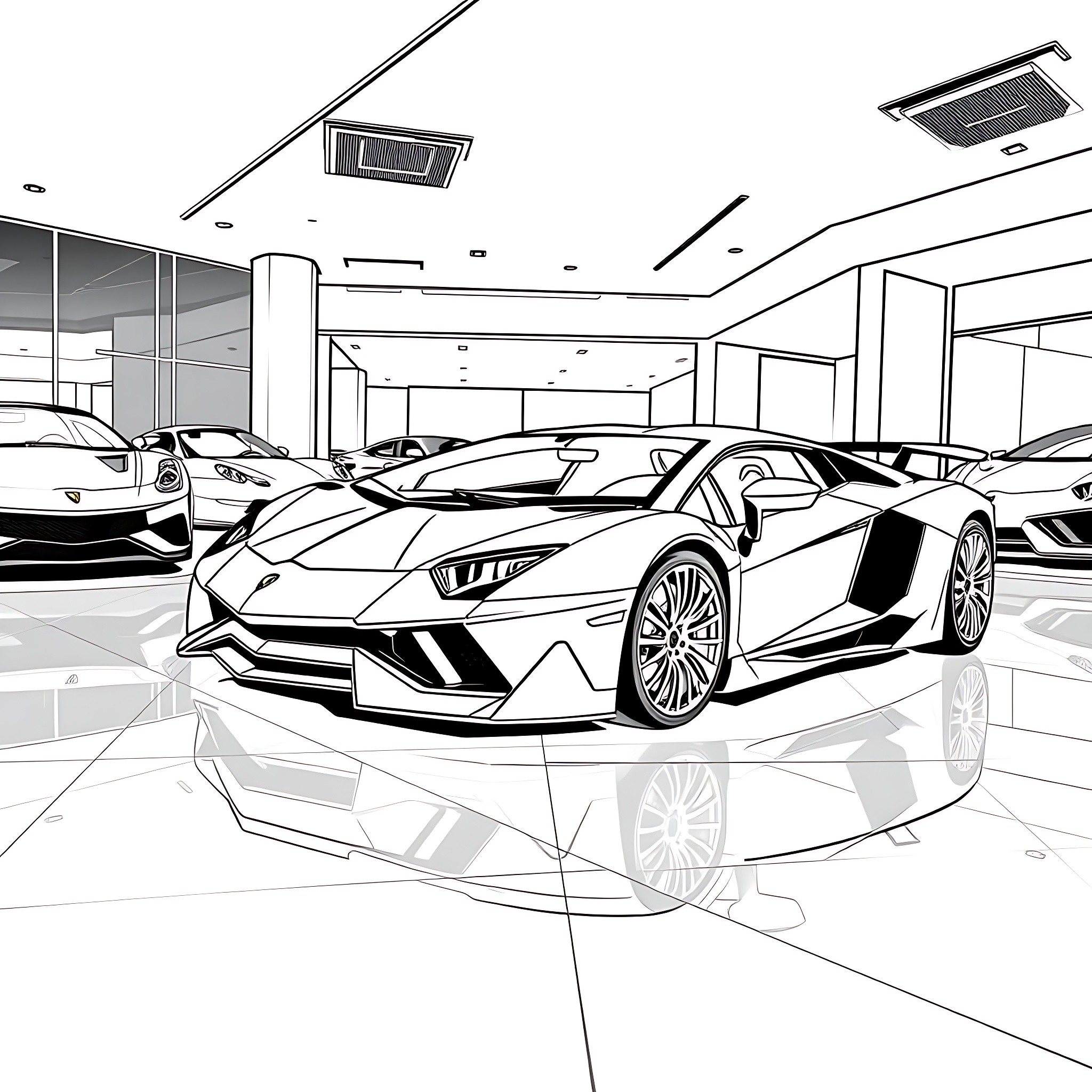 Lamborghini supercars in a showroom Coloring Page (free black-and-white line drawing printable PDF for all, from beginners to advanced learners, including children, teens, adults, and seniors)