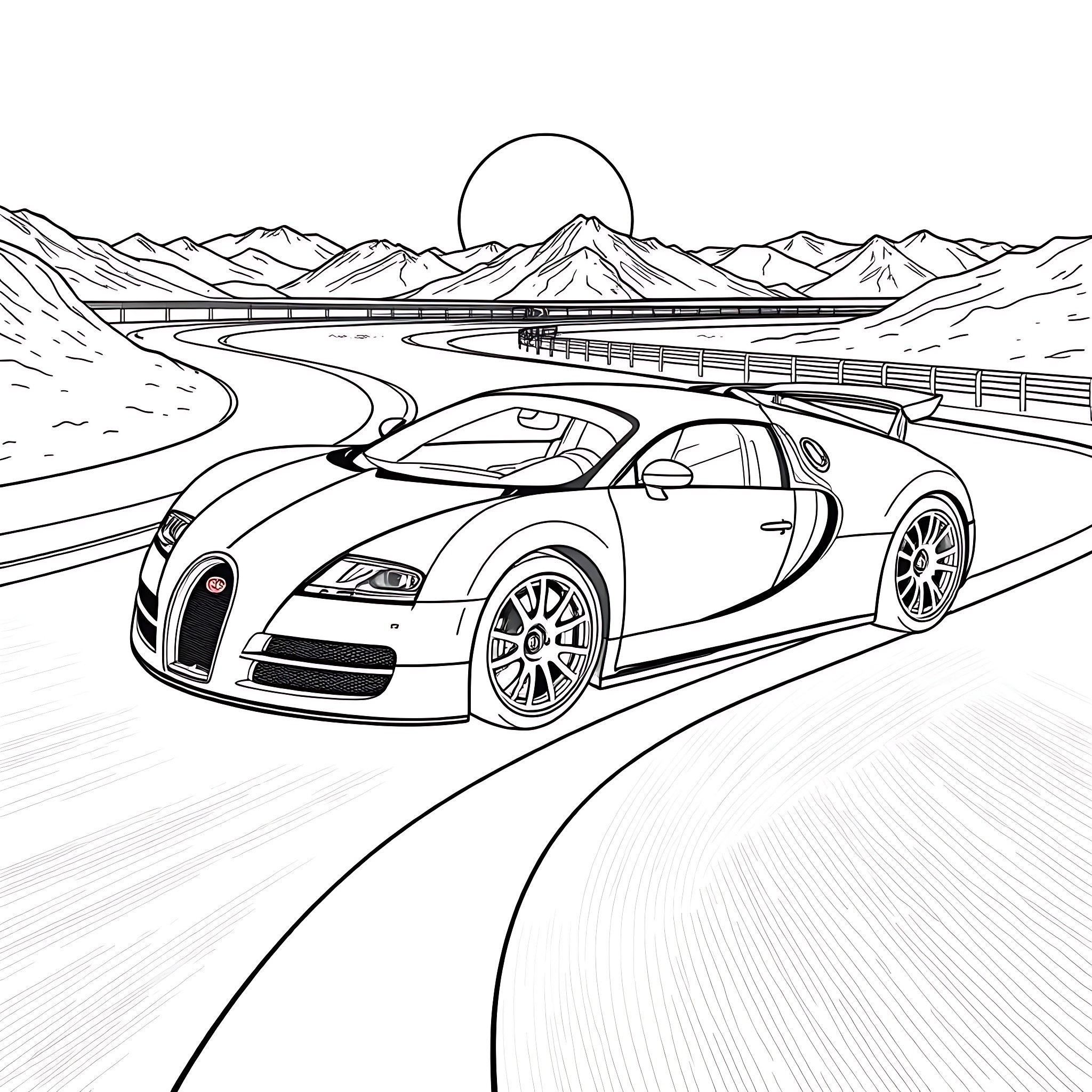 Bugatti sports car speeding through mountainous landscape Coloring Page (free black-and-white line drawing printable PDF for all, from beginners to advanced learners, including children, teens, adults, and seniors)