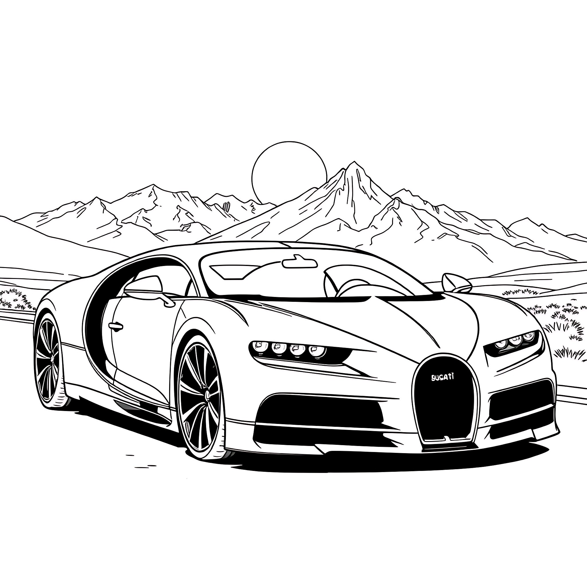 Bugatti supercar in a stunning mountain landscape Coloring Page (free black-and-white line drawing printable PDF for all, from beginners to advanced learners, including children, teens, adults, and seniors)