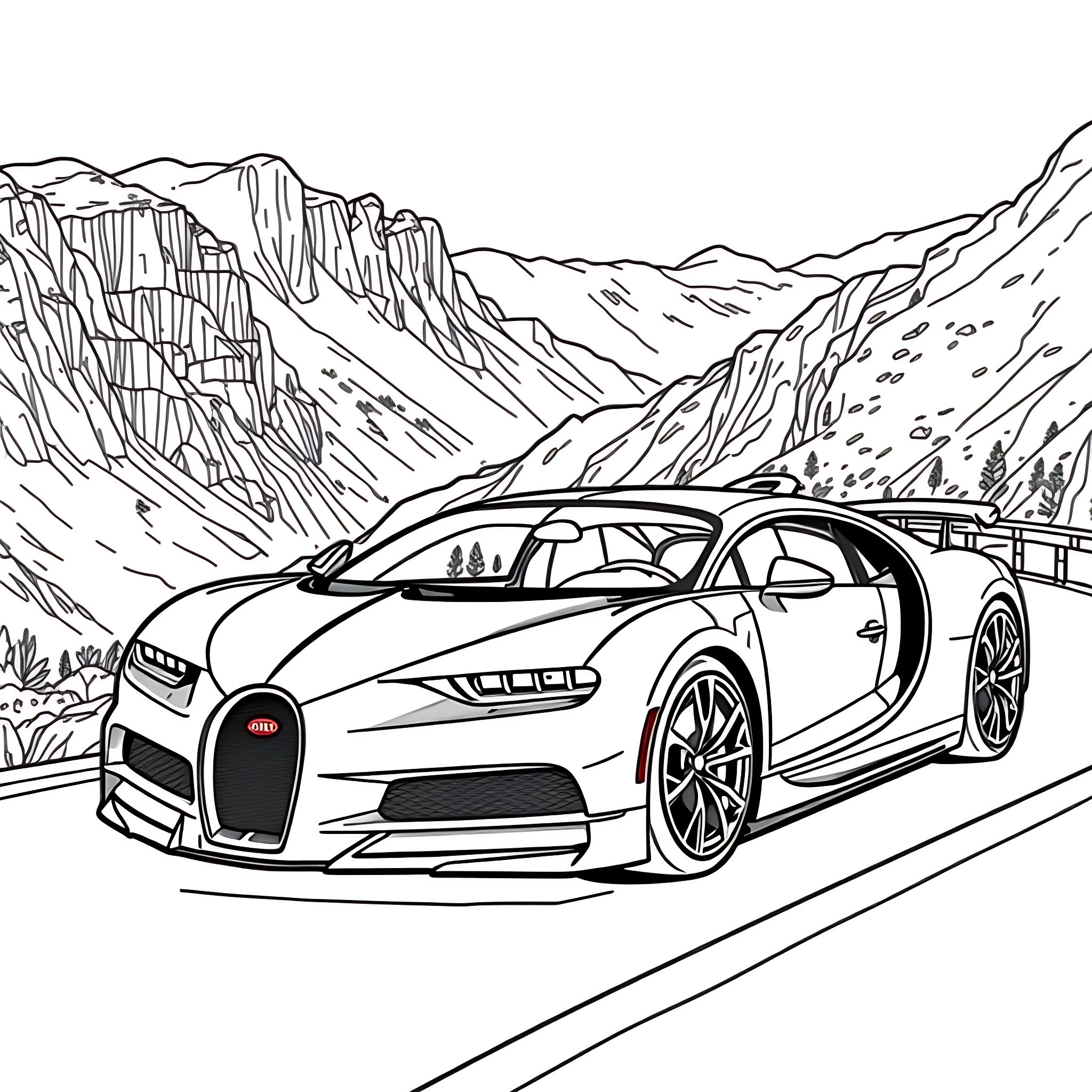 Bugatti supercar speeding through mountain landscape Coloring Page (free black-and-white line drawing printable PDF for all, from beginners to advanced learners, including children, teens, adults, and seniors)