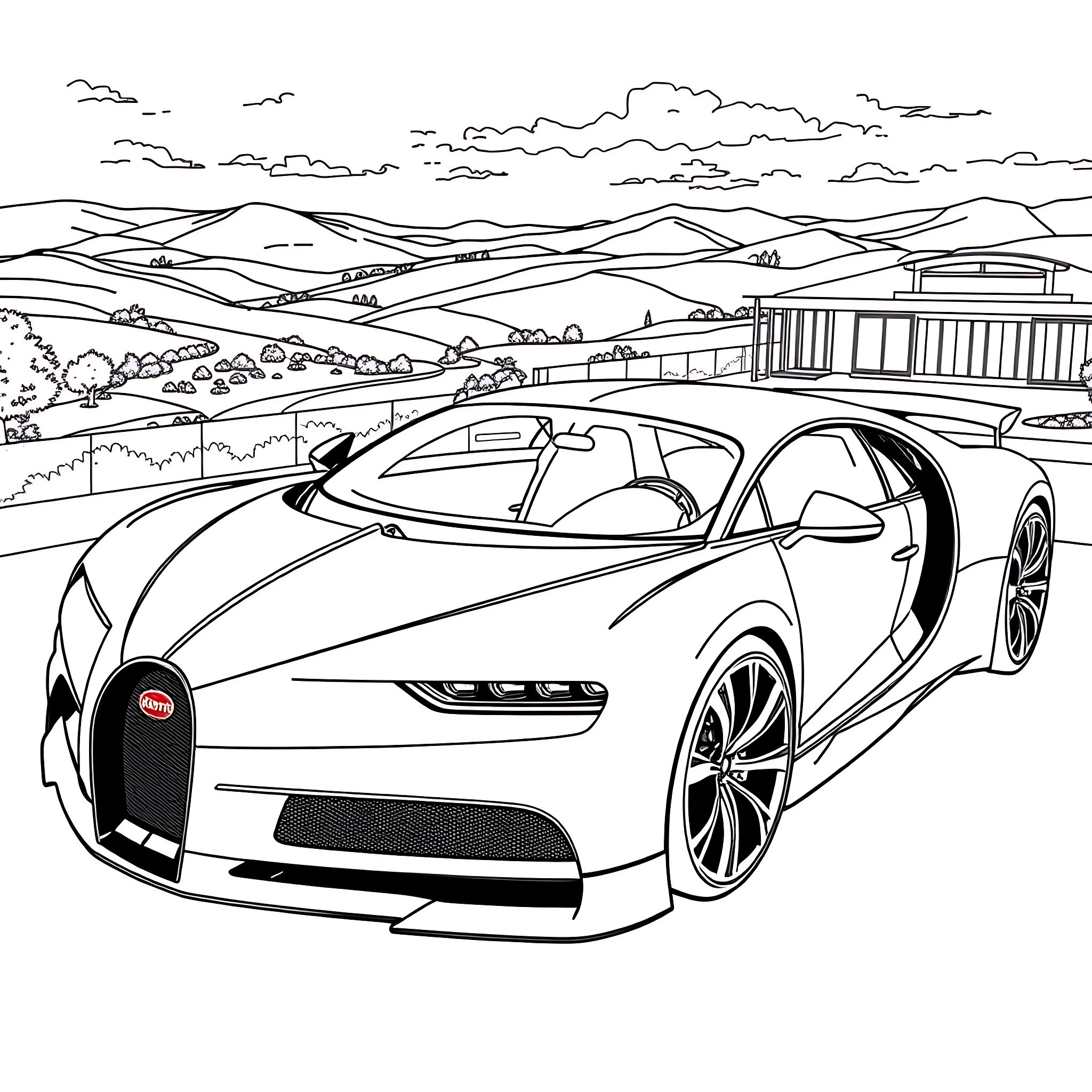 Bugatti supercar in a scenic mountain landscape Coloring Page (free black-and-white line drawing printable PDF for all, from beginners to advanced learners, including children, teens, adults, and seniors)