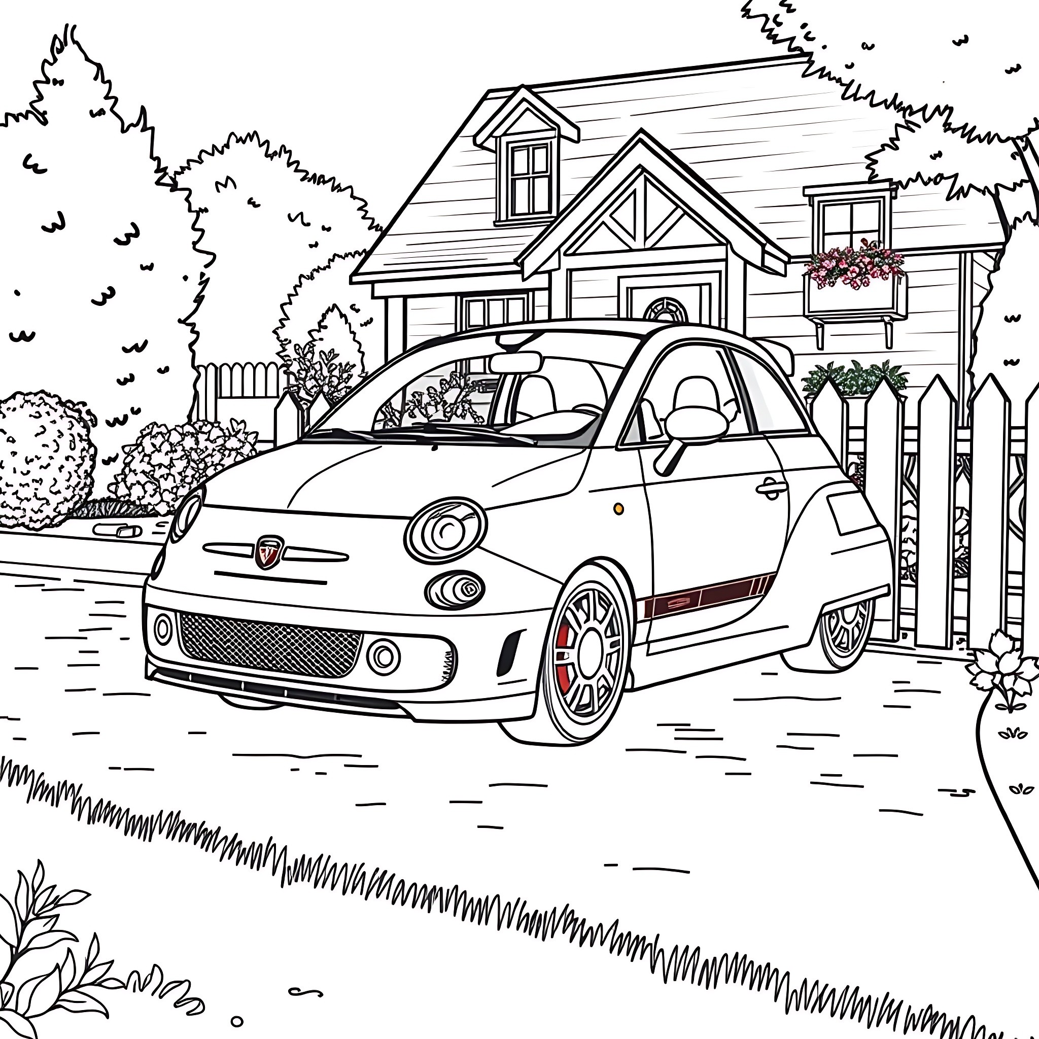 Abarth sports car parked in front of a suburban home Coloring Page (free black-and-white line drawing printable PDF for all, from beginners to advanced learners, including children, teens, adults, and seniors)