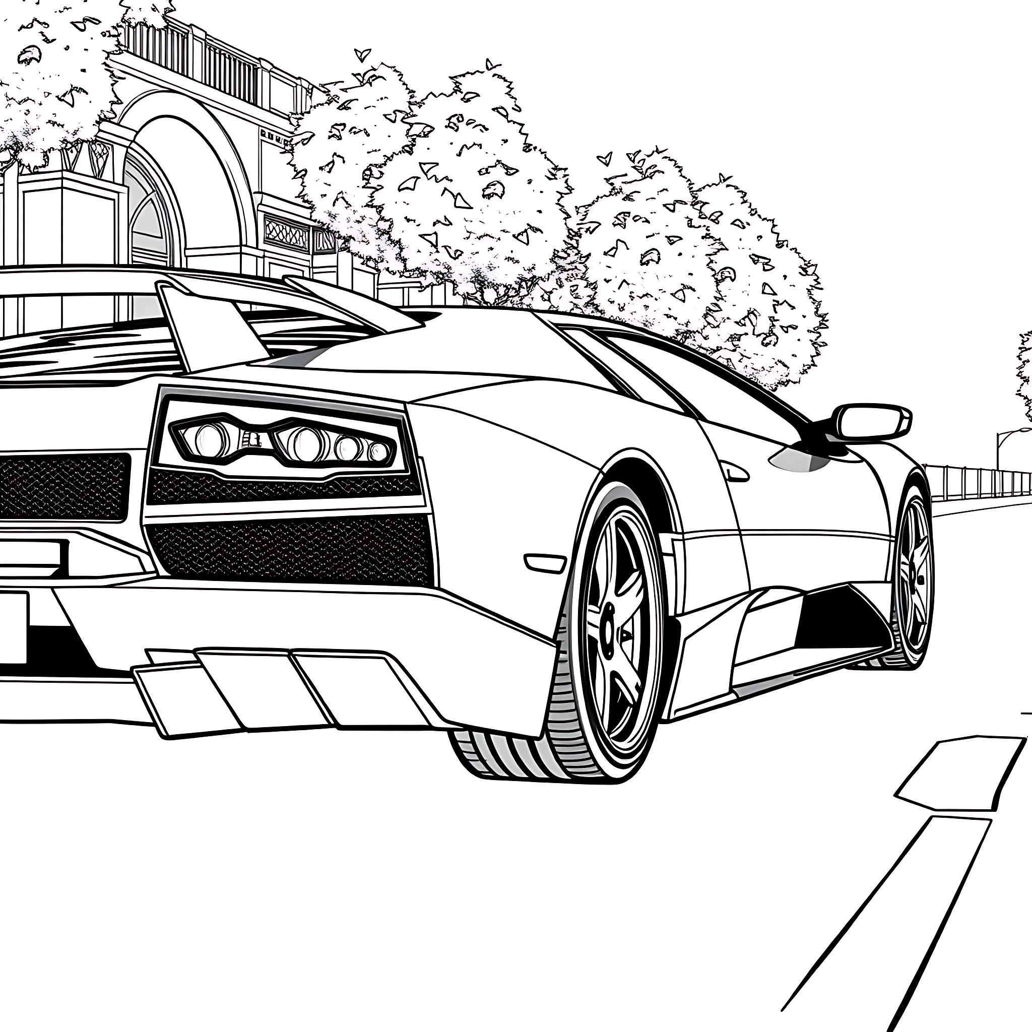 Murcielago speeding through a scenic landscape Coloring Page (free black-and-white line drawing printable PDF for all, from beginners to advanced learners, including children, teens, adults, and seniors)