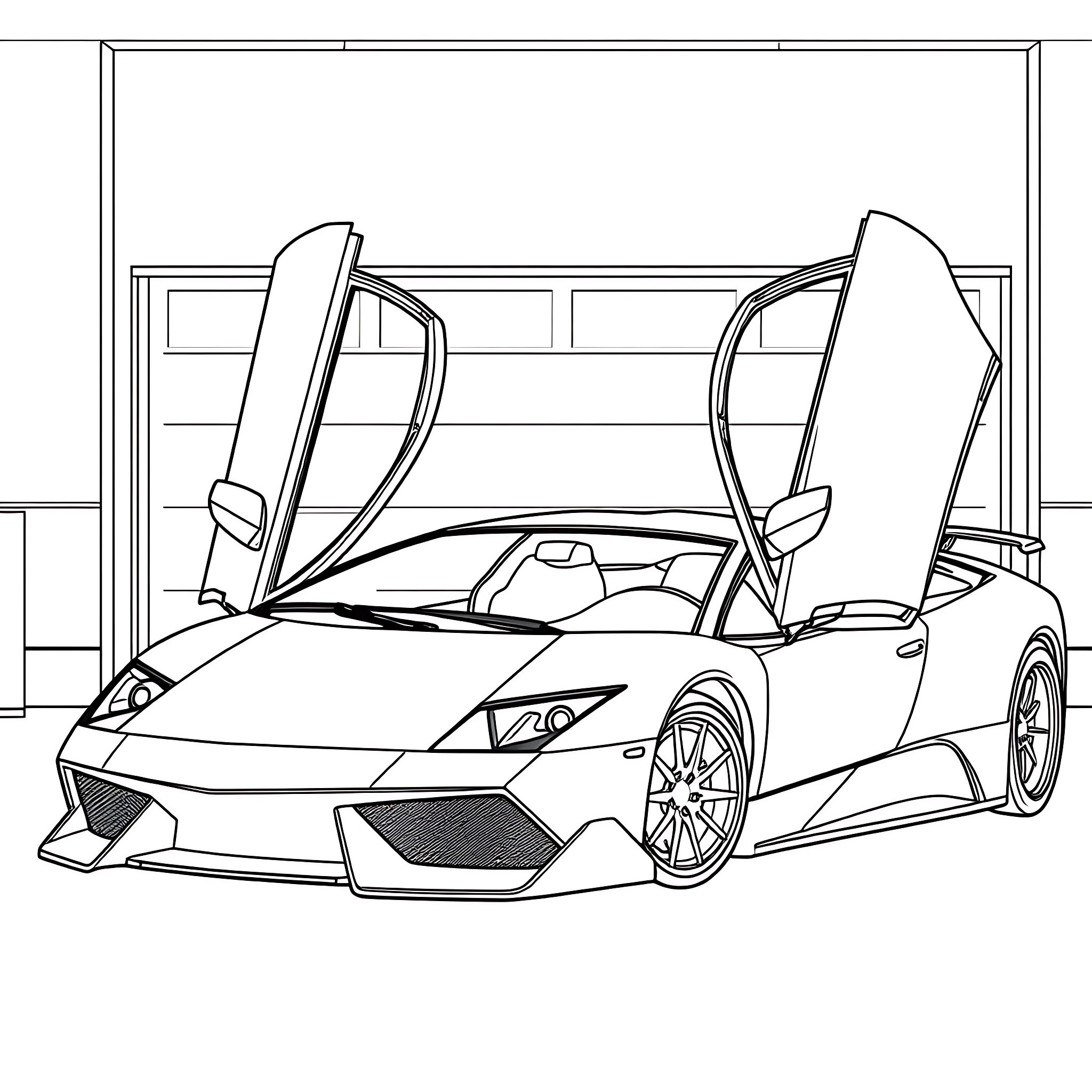 Murcielago sports car with impressive doors Coloring Page (free black-and-white line drawing printable PDF for all, from beginners to advanced learners, including children, teens, adults, and seniors)