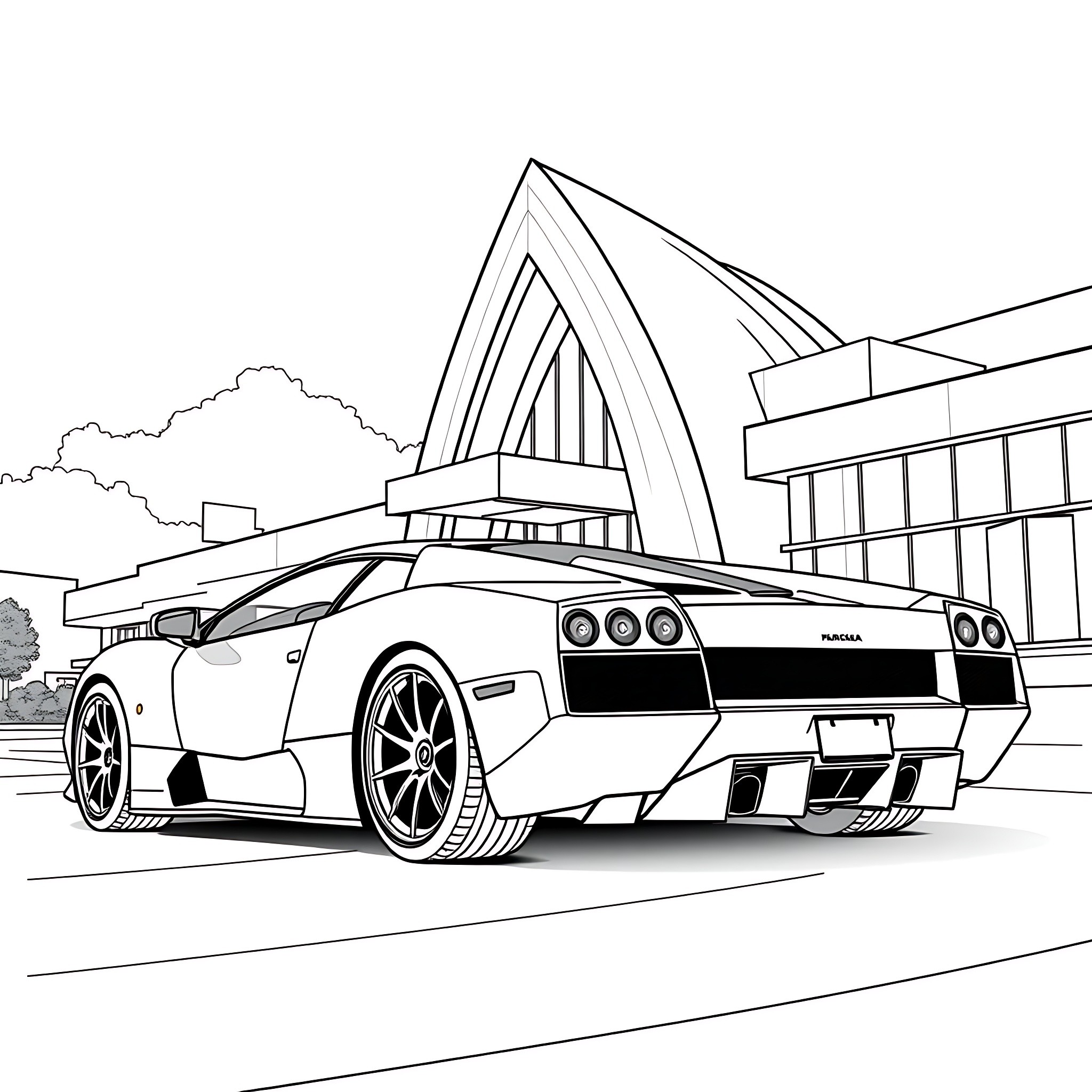 Murcielago supercar on city street Coloring Page (free black-and-white line drawing printable PDF for all, from beginners to advanced learners, including children, teens, adults, and seniors)