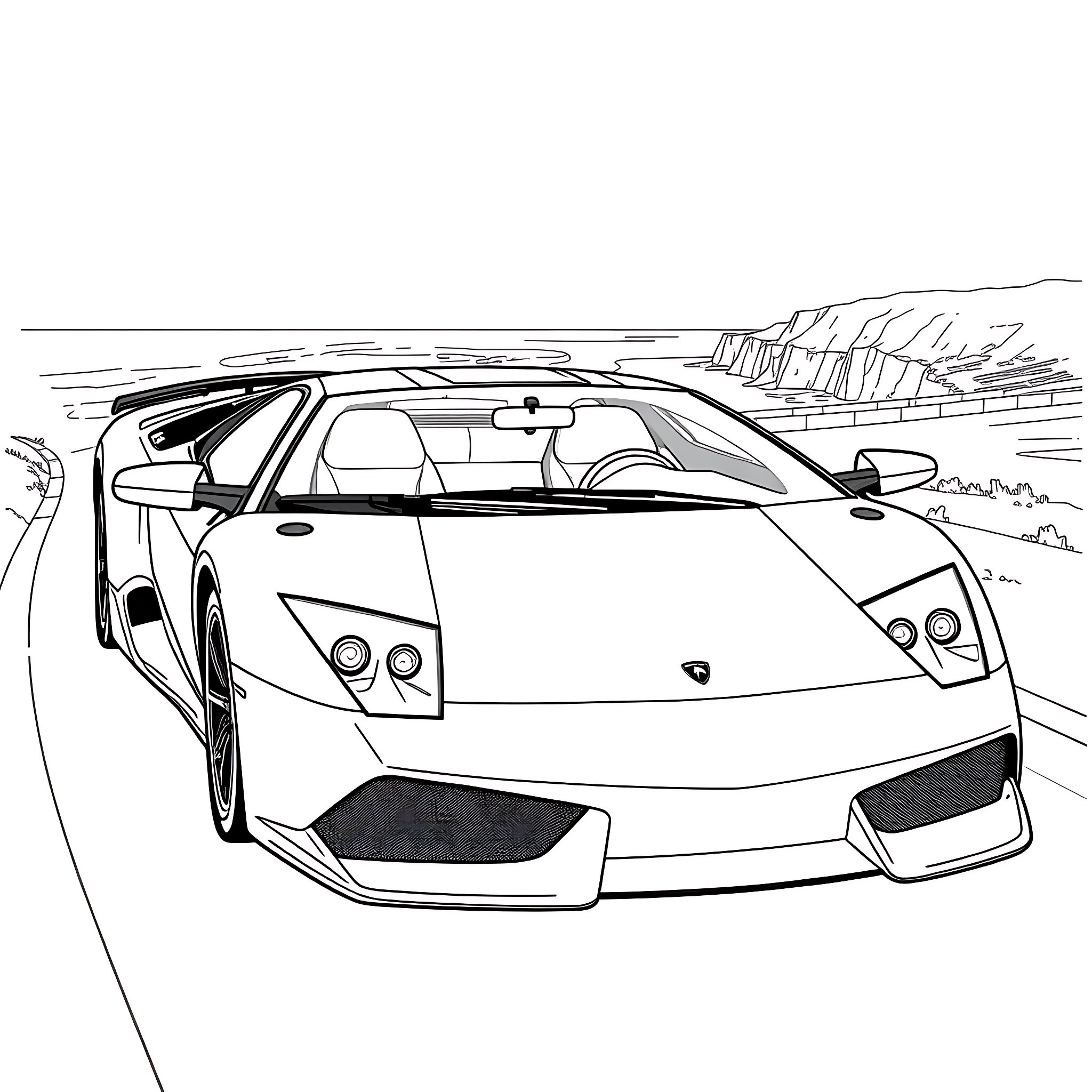 Murcielago speeding through the countryside Coloring Page (free black-and-white line drawing printable PDF for all, from beginners to advanced learners, including children, teens, adults, and seniors)