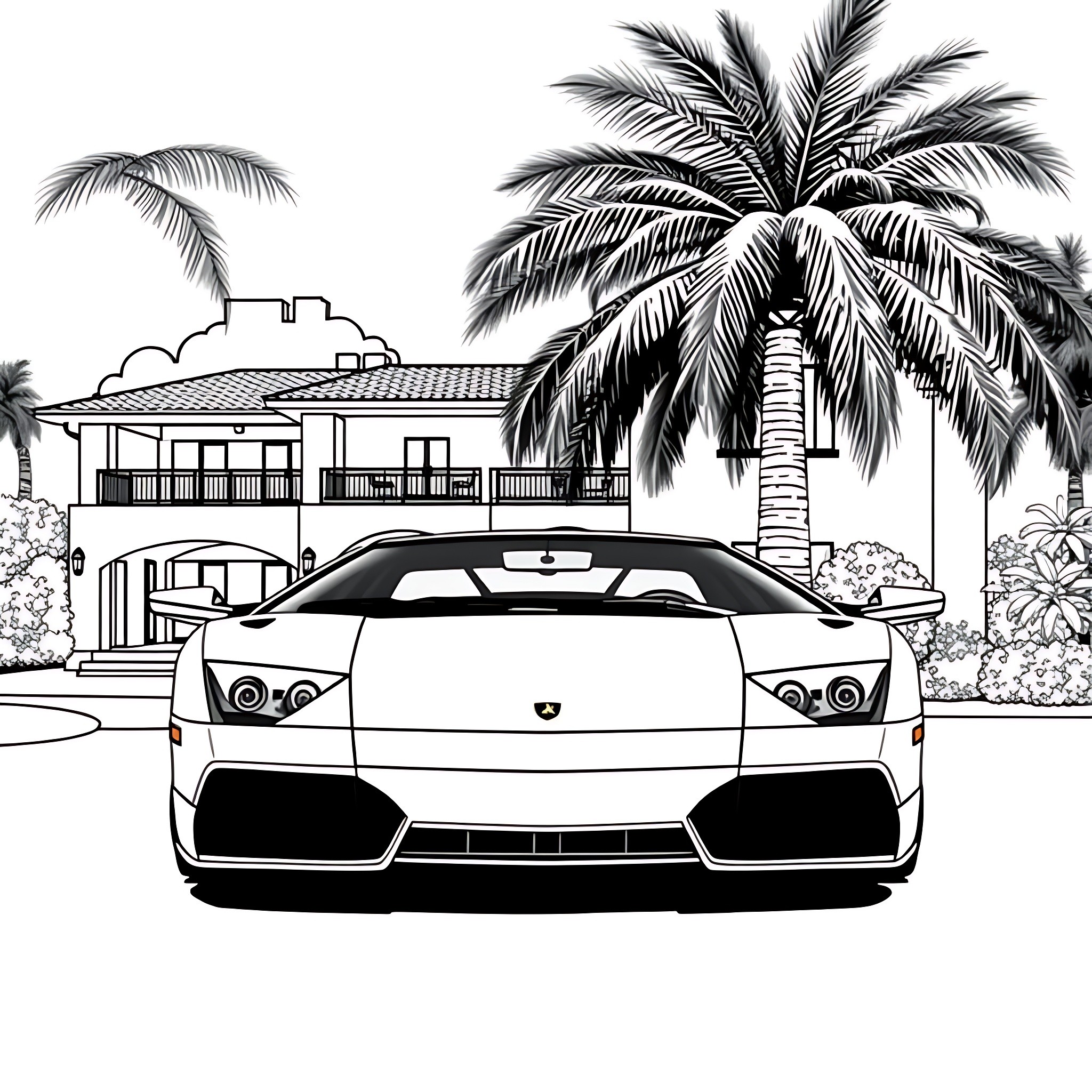 Murcielago sports car in tropical villa setting Coloring Page (free black-and-white line drawing printable PDF for all, from beginners to advanced learners, including children, teens, adults, and seniors)