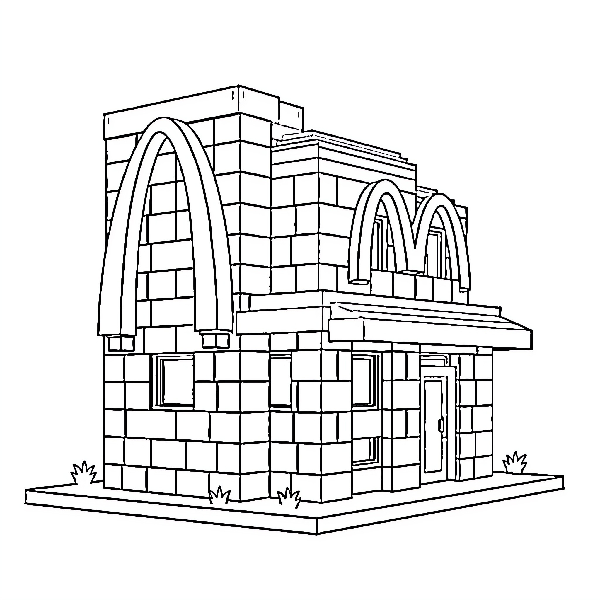 Minecraft McDonald's with Distinctive Arched Entrance Coloring Page (free black-and-white line drawing printable PDF for all, from beginners to advanced learners, including children, teens, adults, and seniors)