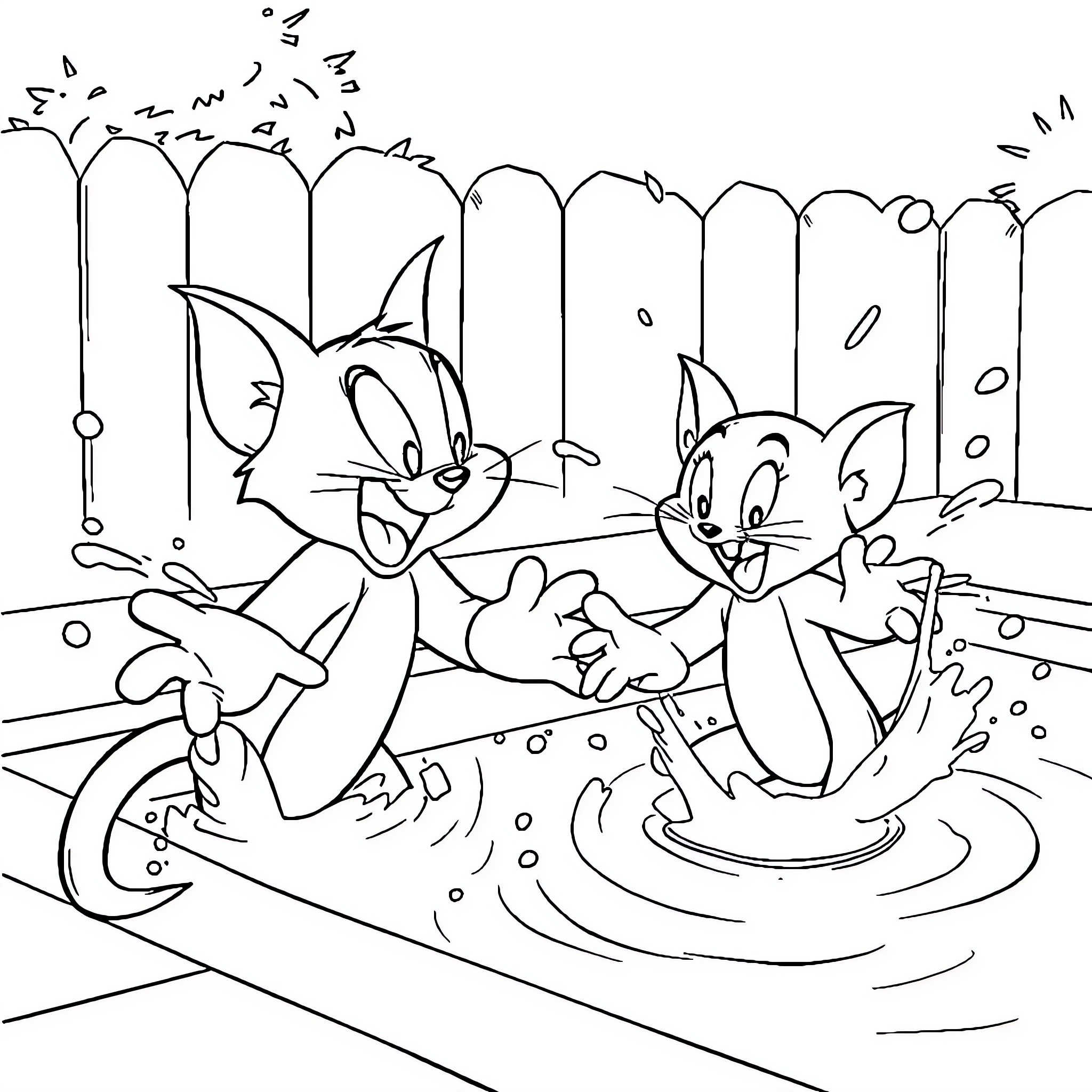 Tom and Jerry Playfully Splashing in the Water Coloring Page (free black-and-white line drawing printable PDF for all, from beginners to advanced learners, including children, teens, adults, and seniors)