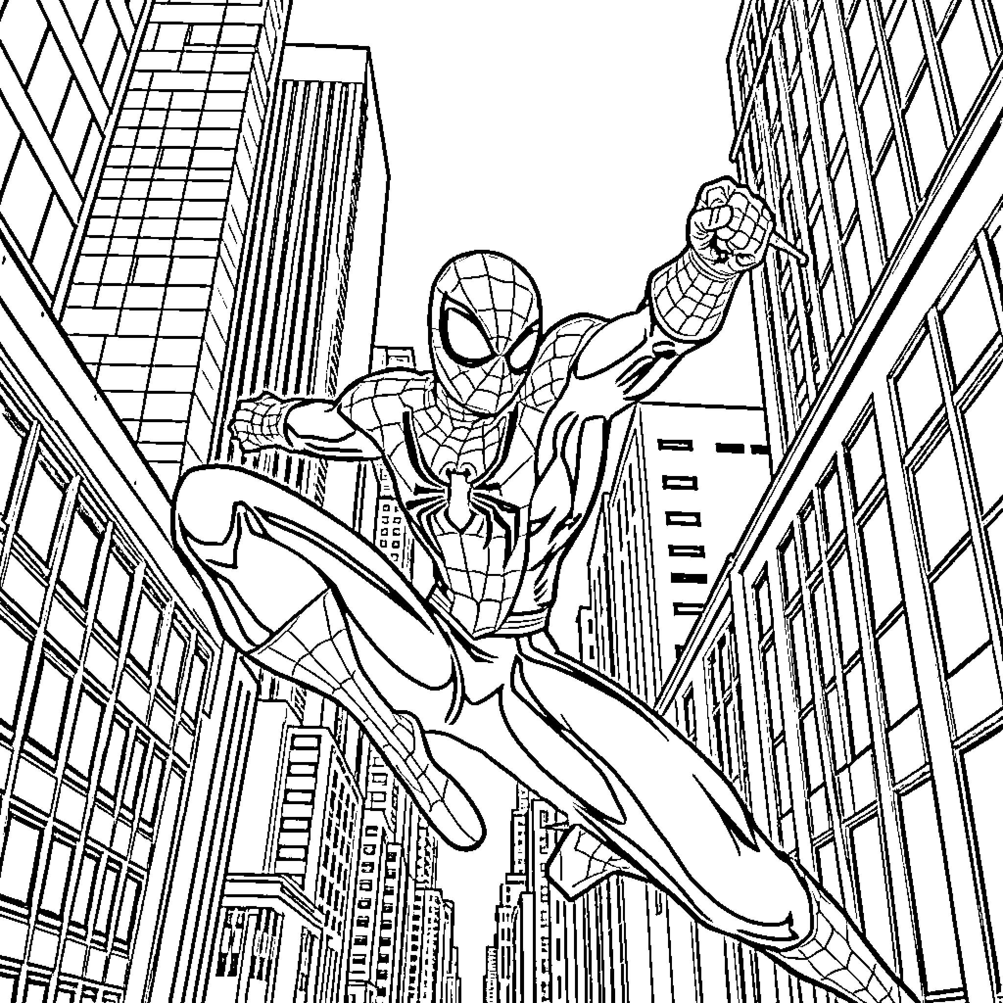 Spiderman swinging through the city Coloring Page (free black-and-white line drawing printable PDF for all, from beginners to advanced learners, including children, teens, adults, and seniors)