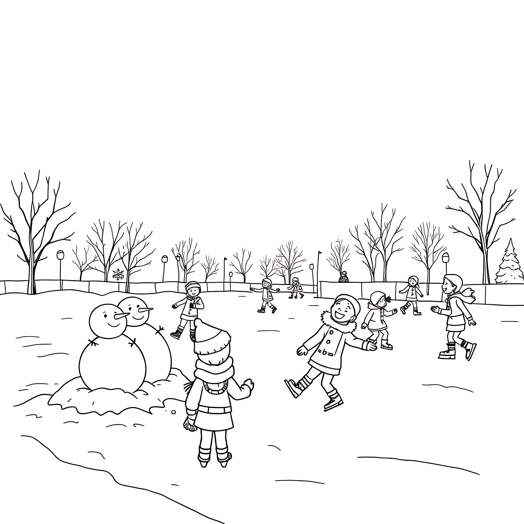 Kids playing in the snowy park Coloring Page (free black-and-white line drawing printable PDF for all, from beginners to advanced learners, including children, teens, adults, and seniors)