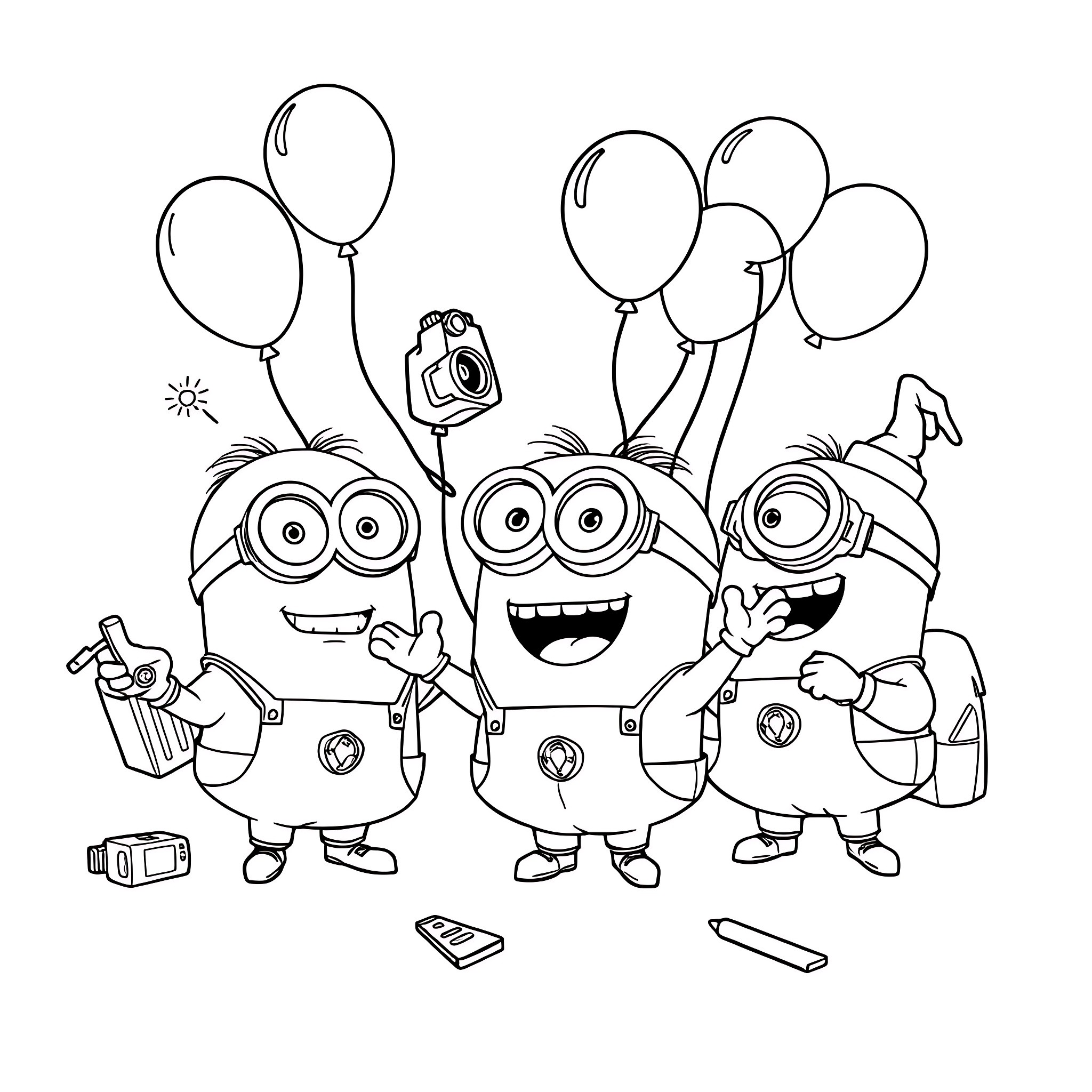 Minion trio celebrating with balloons and camera Coloring Page (free black-and-white line drawing printable PDF for all, from beginners to advanced learners, including children, teens, adults, and seniors)