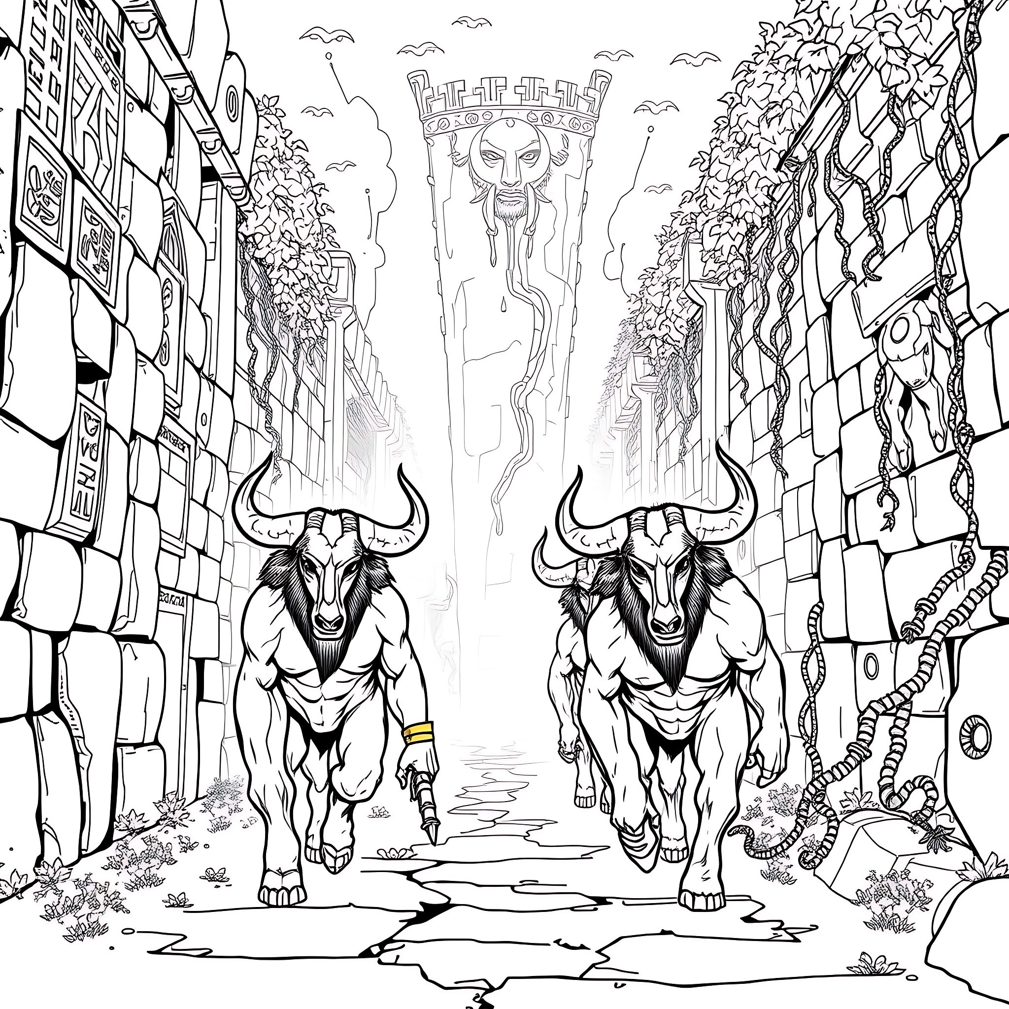 Minion Bulls Charging Through the City Coloring Page (free black-and-white line drawing printable PDF for all, from beginners to advanced learners, including children, teens, adults, and seniors)