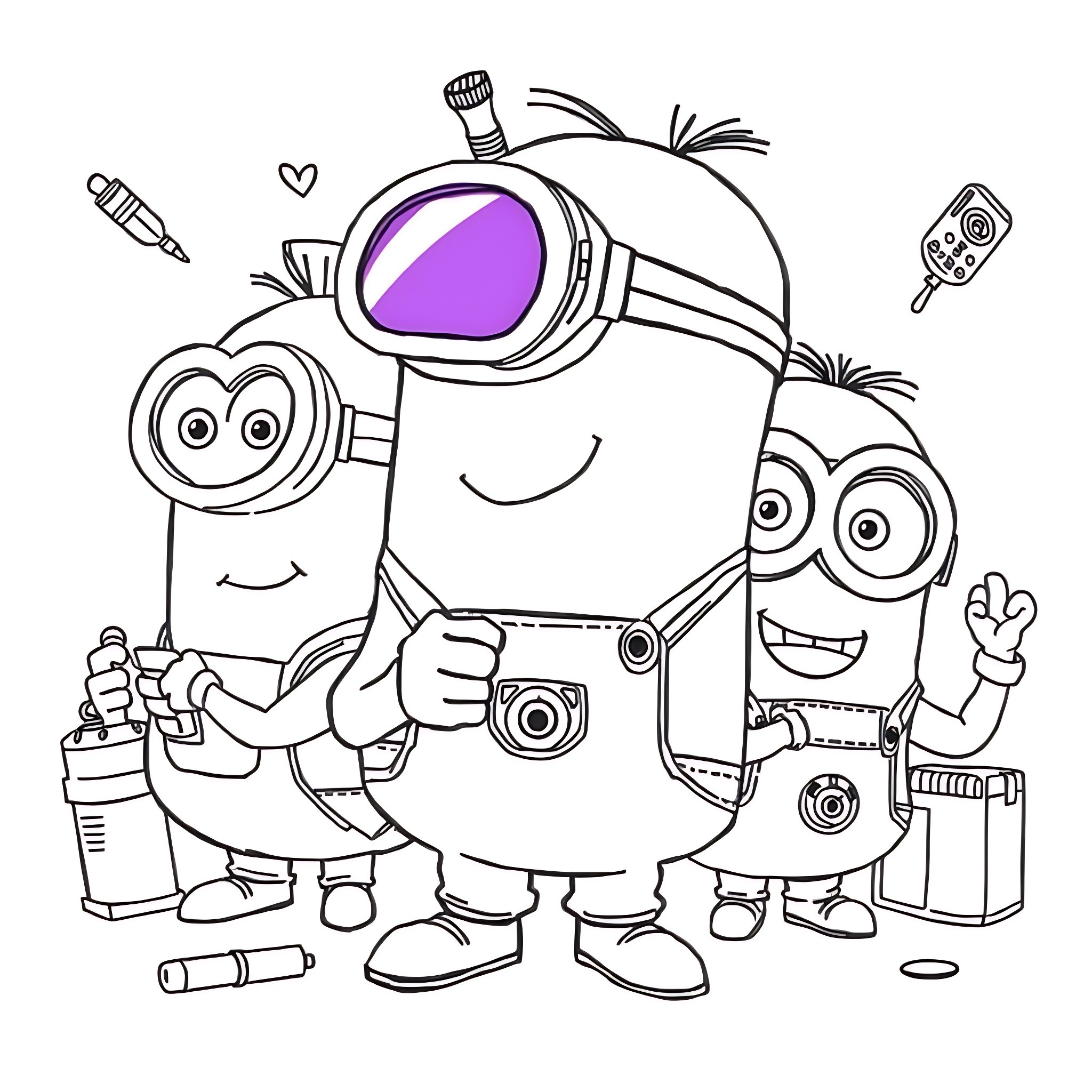 Minions taking selfies and playing with art supplies Coloring Page (free black-and-white line drawing printable PDF for all, from beginners to advanced learners, including children, teens, adults, and seniors)