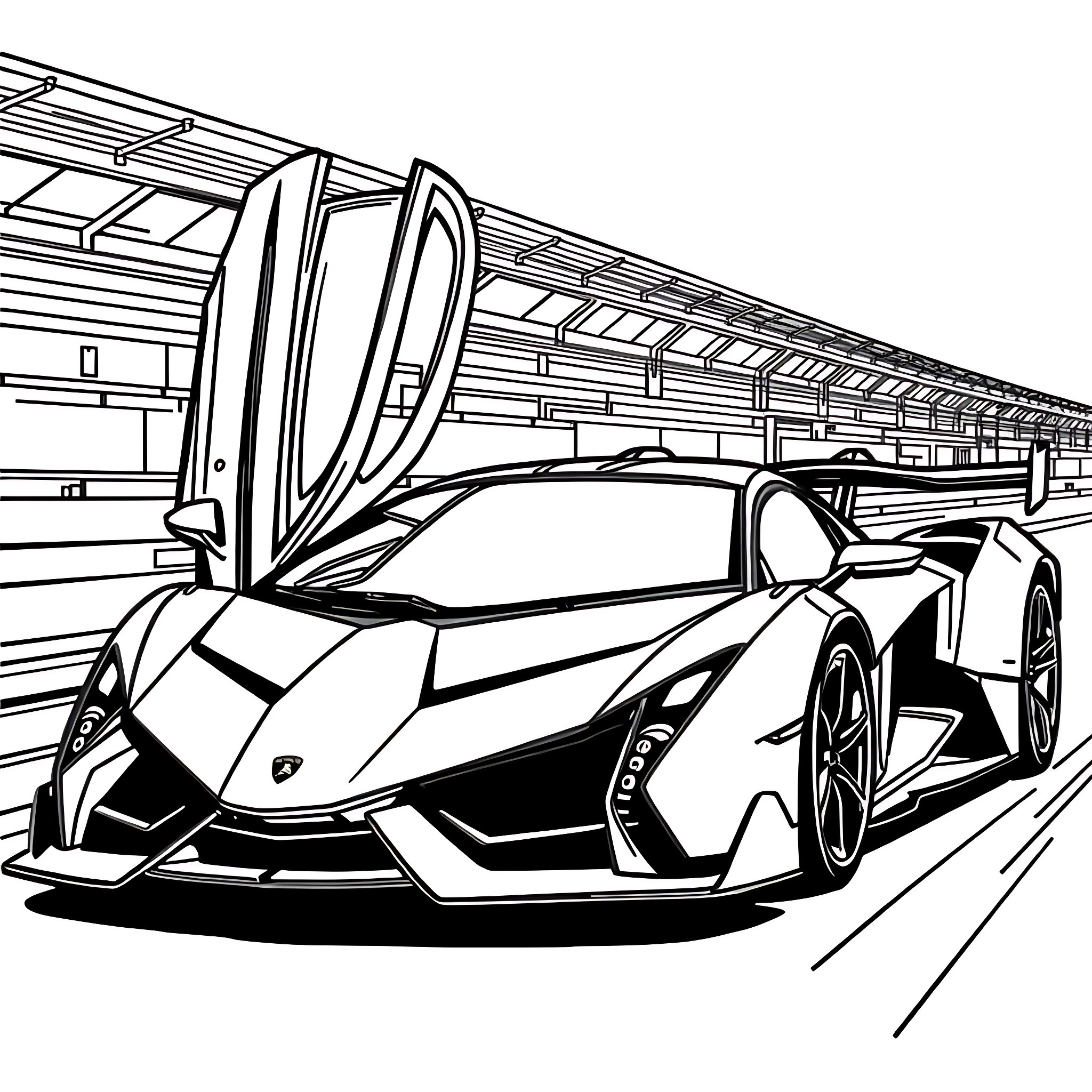 Lamborghini sports car in futuristic race track setting Coloring Page (free black-and-white line drawing printable PDF for all, from beginners to advanced learners, including children, teens, adults, and seniors)