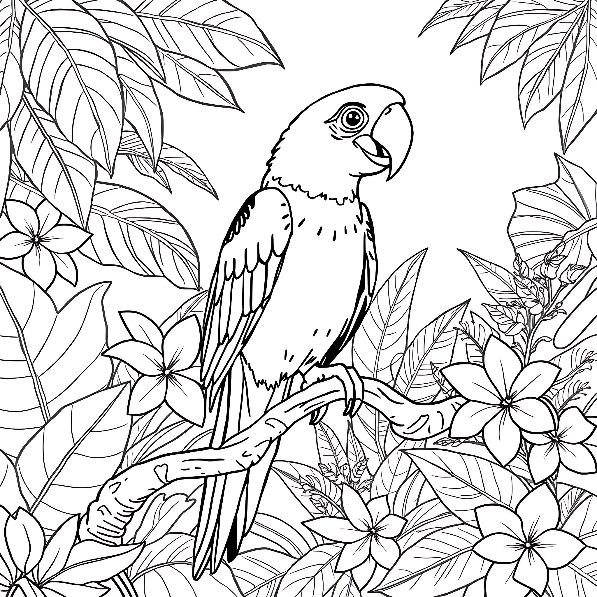 Parrot perched amidst lush tropical foliage Coloring Page (free black-and-white line drawing printable PDF for all, from beginners to advanced learners, including children, teens, adults, and seniors)
