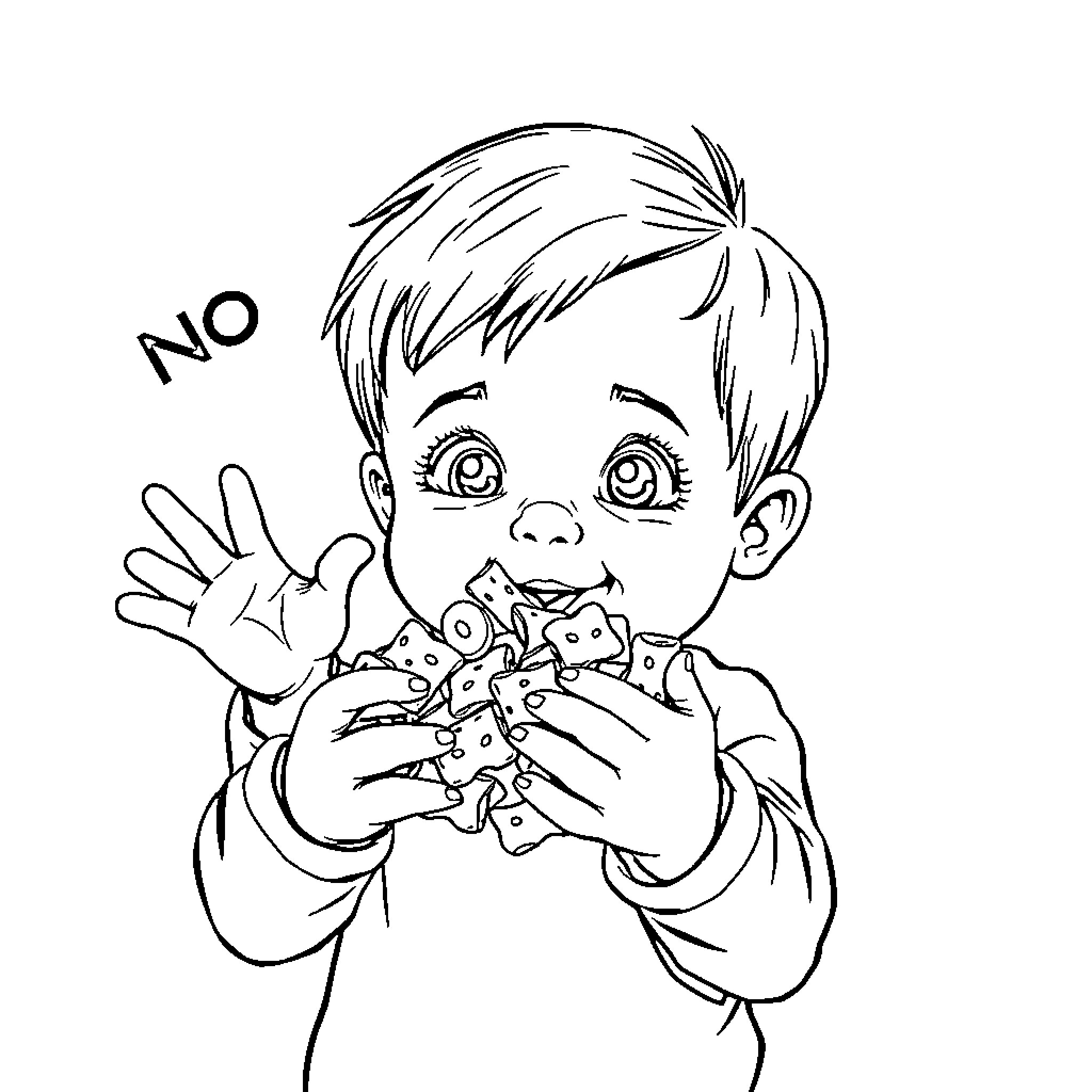 Kid eating snack and gesturing no Coloring Page (free black-and-white line drawing printable PDF for all, from beginners to advanced learners, including children, teens, adults, and seniors)
