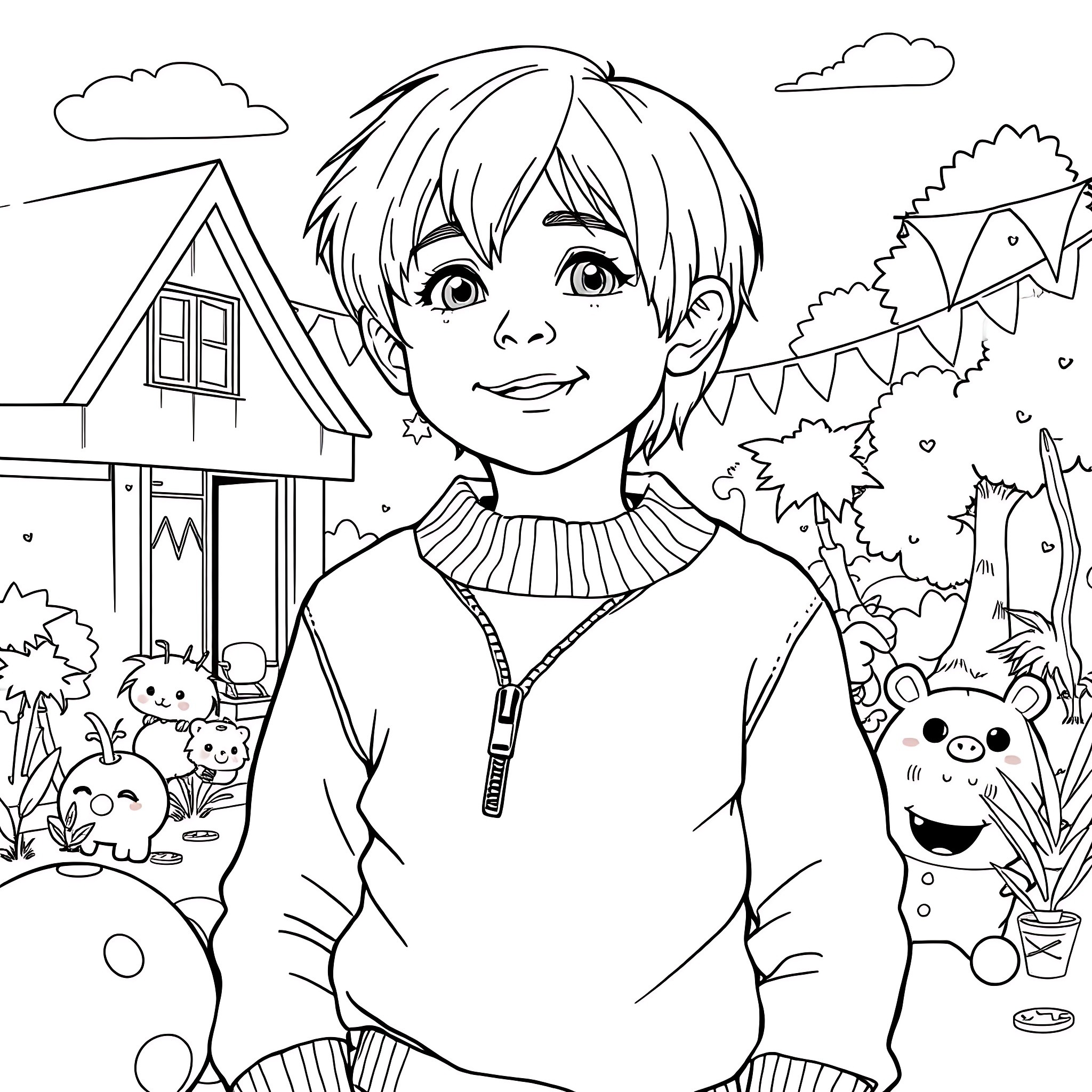 Boy playing happily in the garden Coloring Page (free black-and-white line drawing printable PDF for all, from beginners to advanced learners, including children, teens, adults, and seniors)