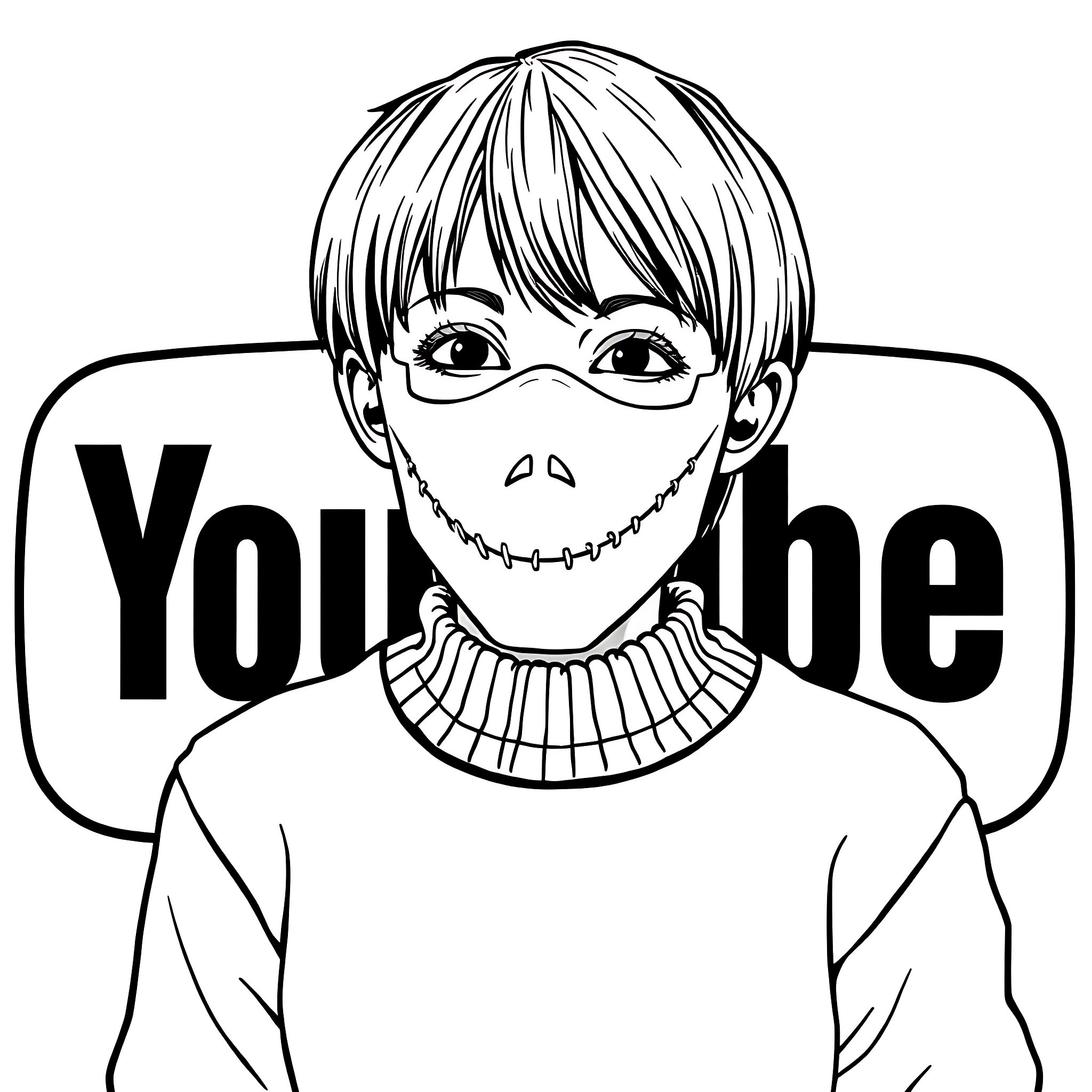 Boy with creepy expression and YouTube logo Coloring Page (free black-and-white line drawing printable PDF for all, from beginners to advanced learners, including children, teens, adults, and seniors)