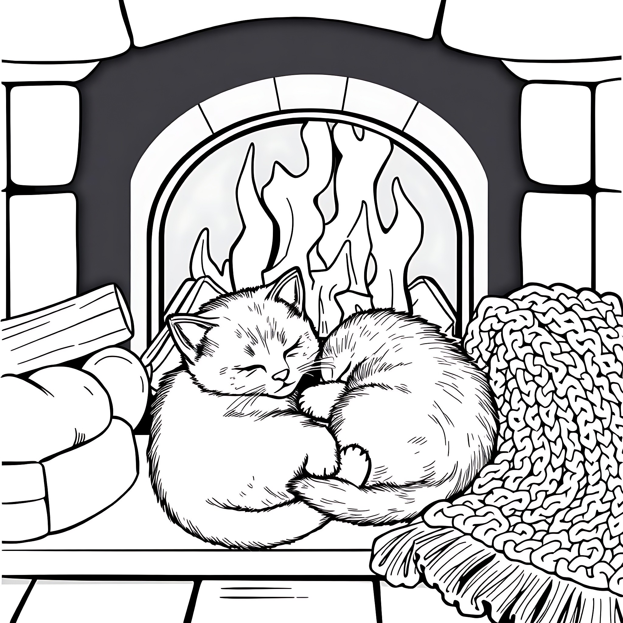 Cat Snuggling Warmly by the Fireplace Coloring Page (free black-and-white line drawing printable PDF for all, from beginners to advanced learners, including children, teens, adults, and seniors)
