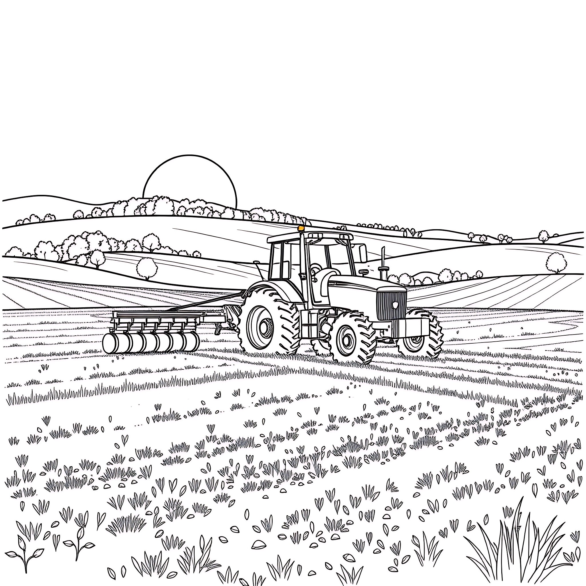 Tractor plowing the field in a rural landscape Coloring Page (free black-and-white line drawing printable PDF for all, from beginners to advanced learners, including children, teens, adults, and seniors)