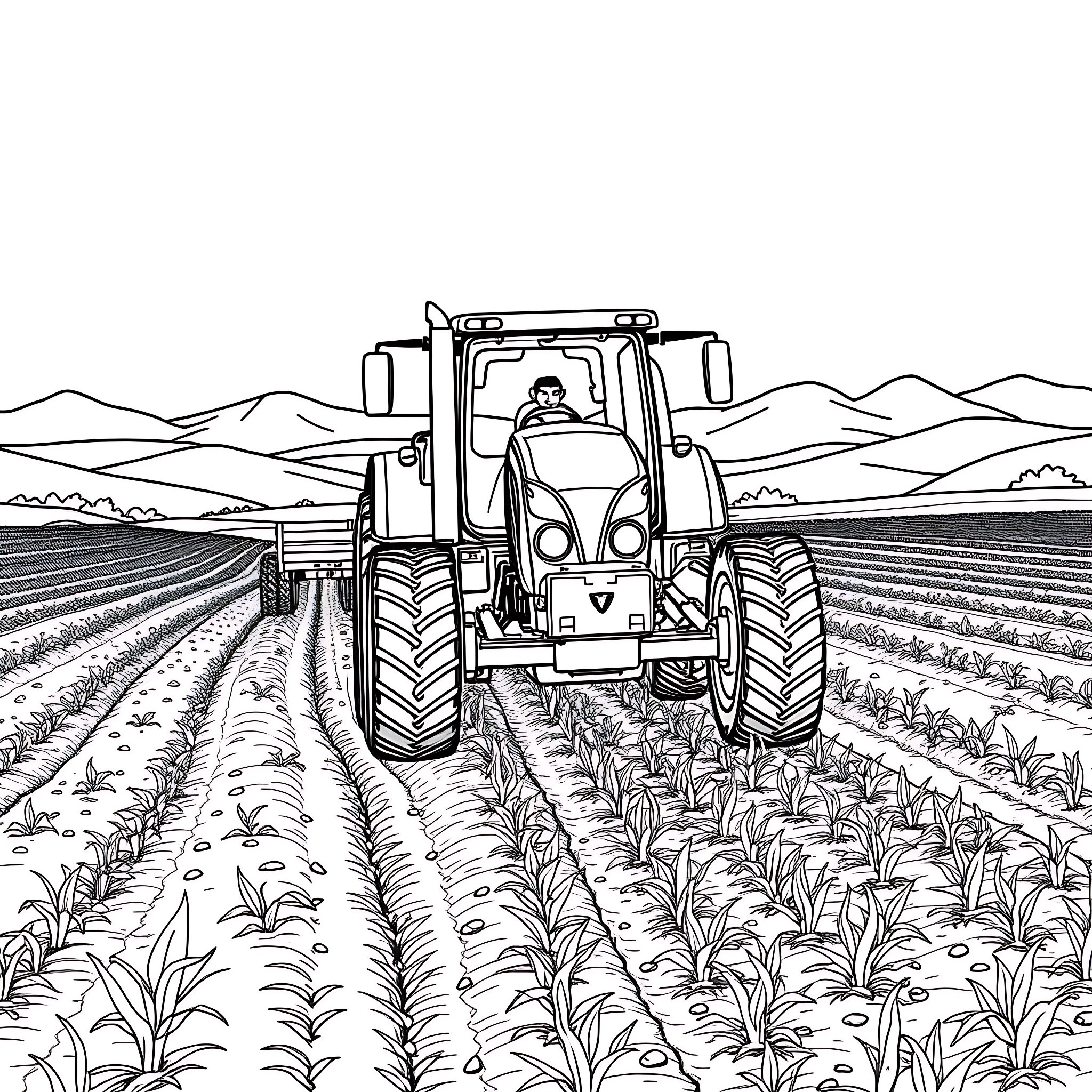 Tractor plowing through rural countryside fields Coloring Page (free black-and-white line drawing printable PDF for all, from beginners to advanced learners, including children, teens, adults, and seniors)