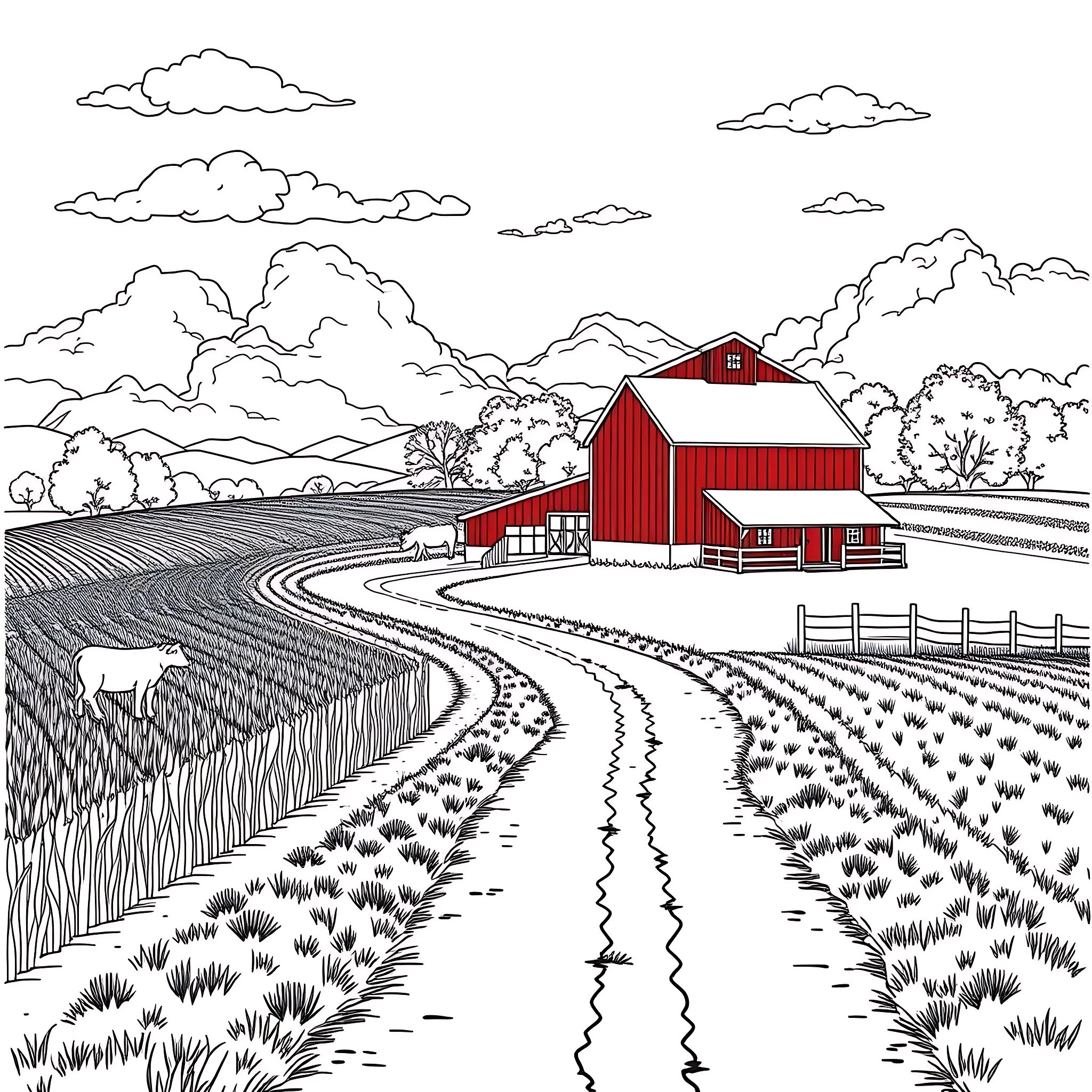 Farm with Red Barn in Scenic Countryside Coloring Page (free black-and-white line drawing printable PDF for all, from beginners to advanced learners, including children, teens, adults, and seniors)