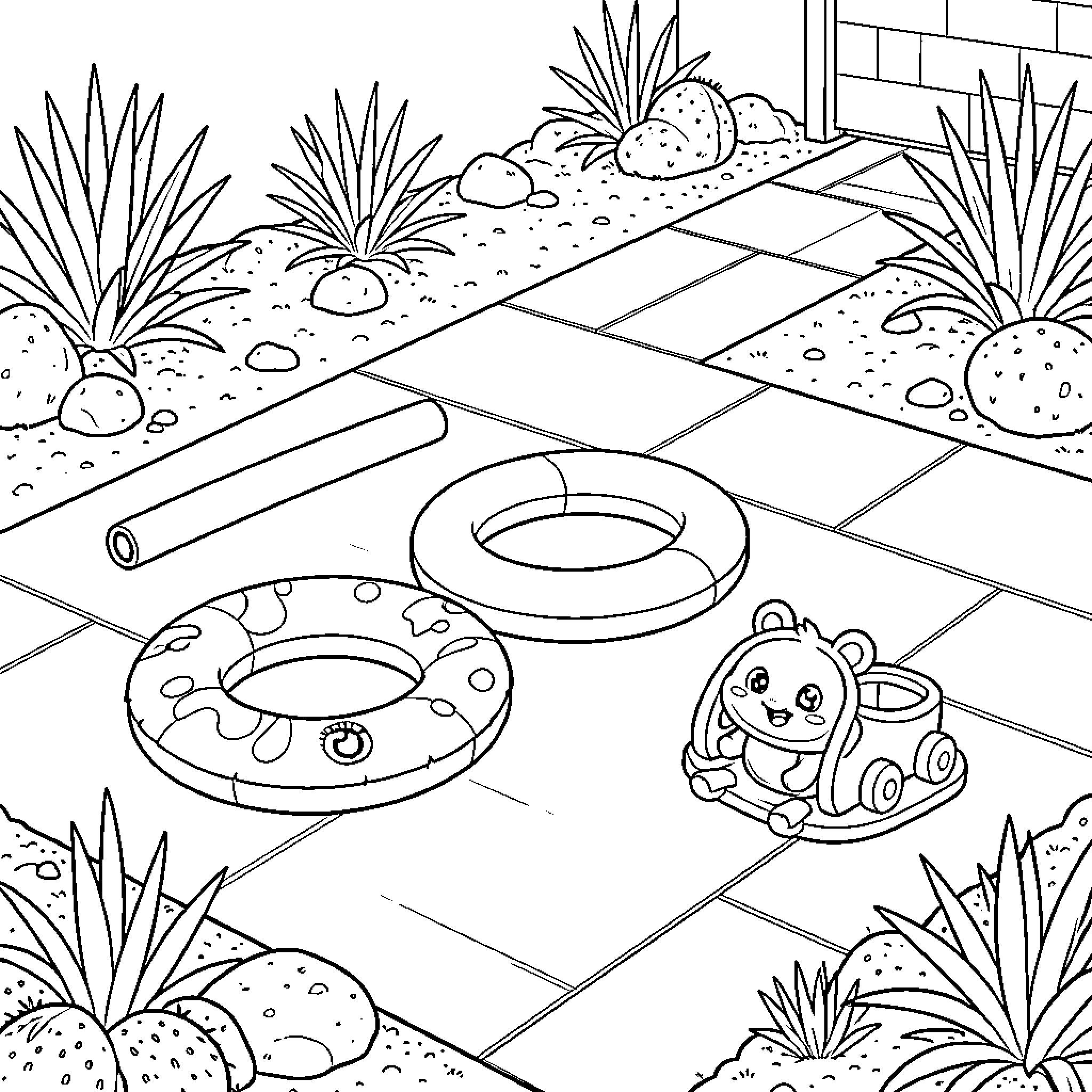 Pool Toy Fun in the Garden Coloring Page (free black-and-white line drawing printable PDF for all, from beginners to advanced learners, including children, teens, adults, and seniors)