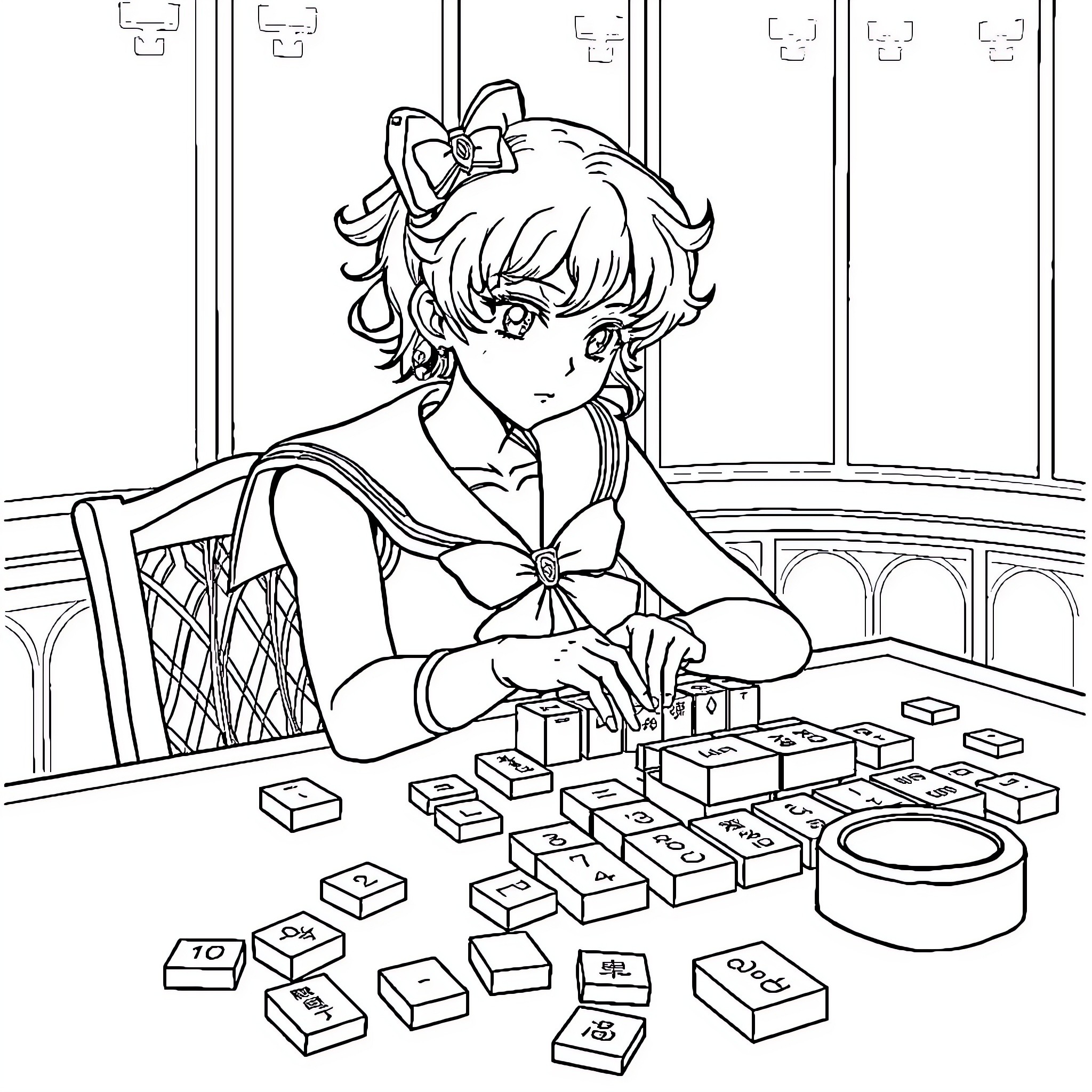 Sailor Uranus playing with building blocks in a room Coloring Page (free black-and-white line drawing printable PDF for all, from beginners to advanced learners, including children, teens, adults, and seniors)