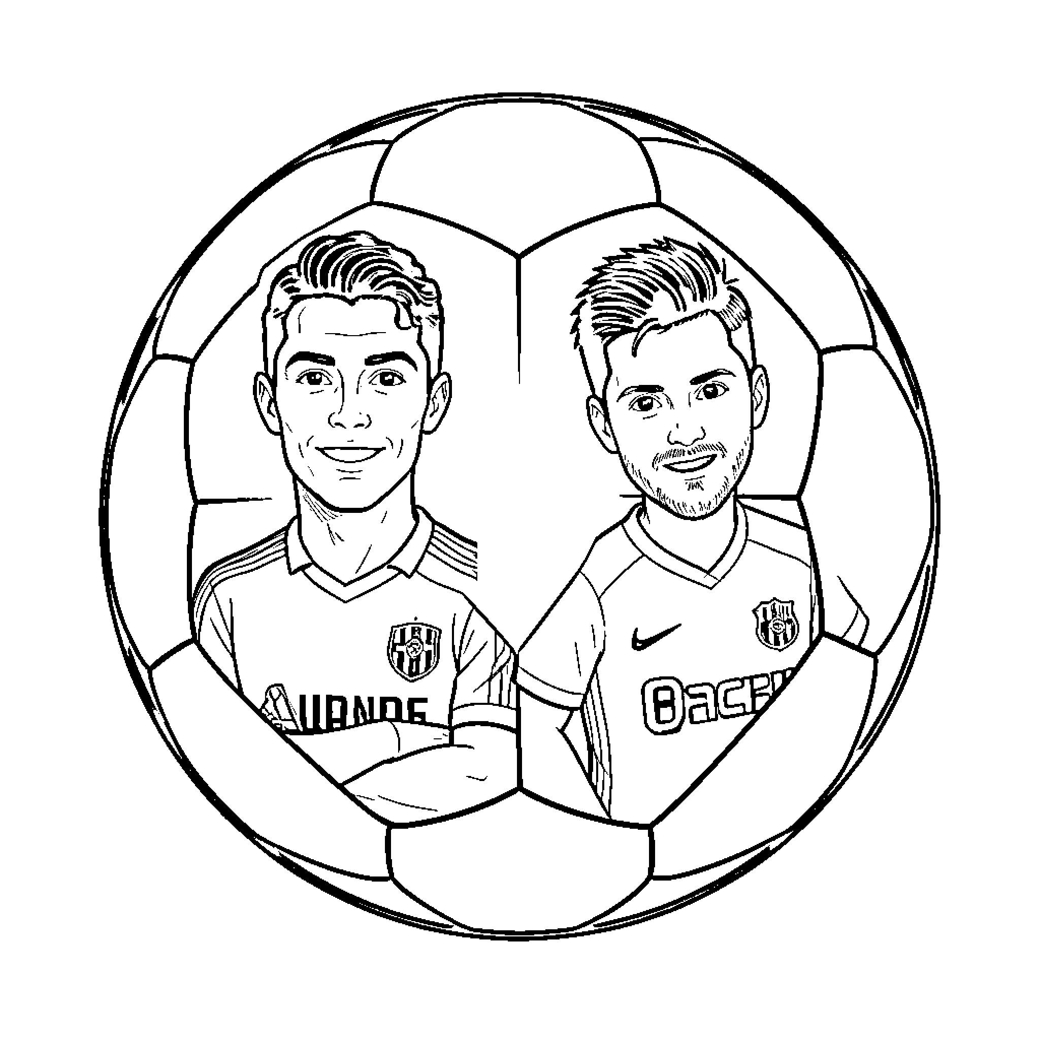 Futbol players smiling inside a large soccer ball Coloring Page (free black-and-white line drawing printable PDF for all, from beginners to advanced learners, including children, teens, adults, and seniors)