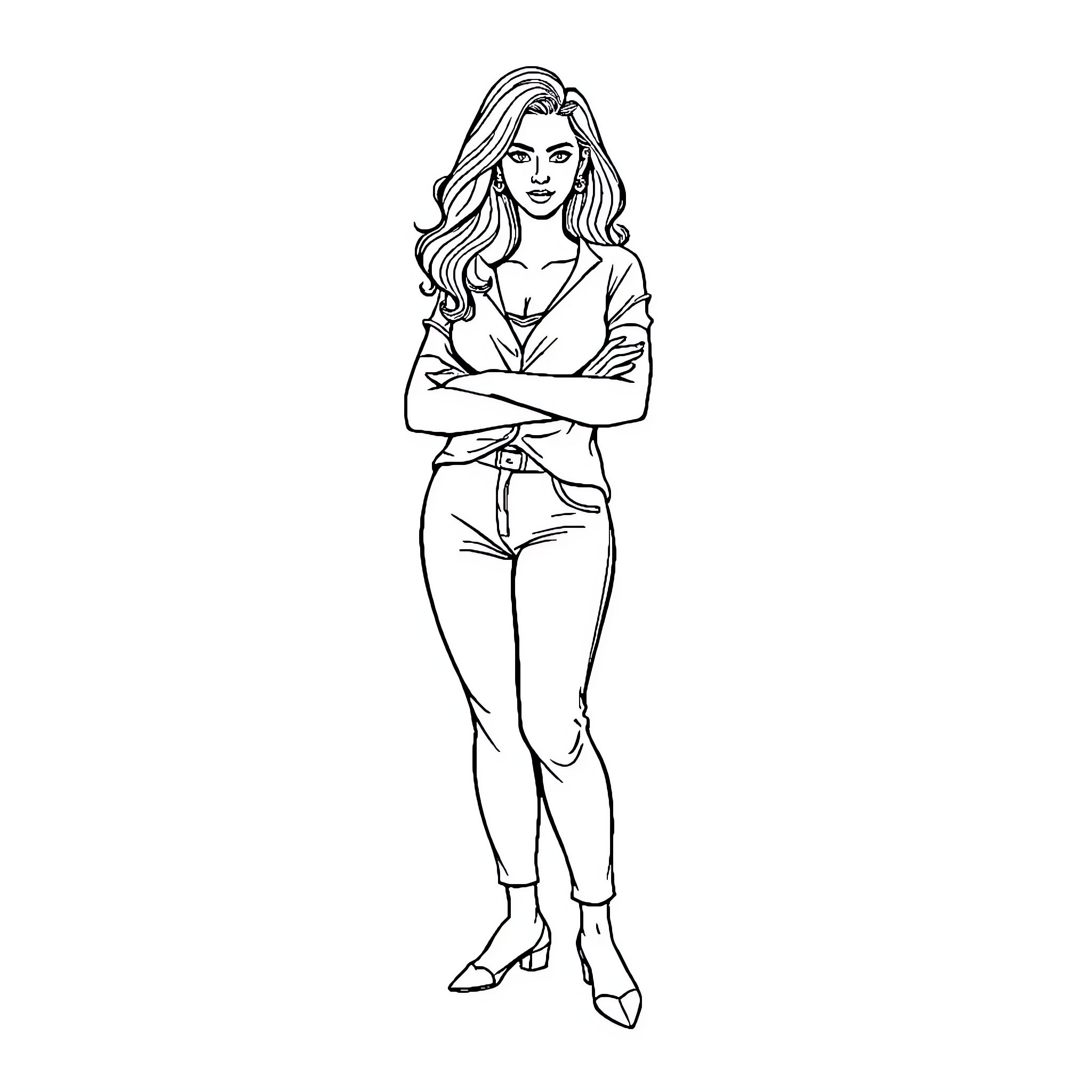 Woman standing confidently with crossed arms Coloring Page (free black-and-white line drawing printable PDF for all, from beginners to advanced learners, including children, teens, adults, and seniors)