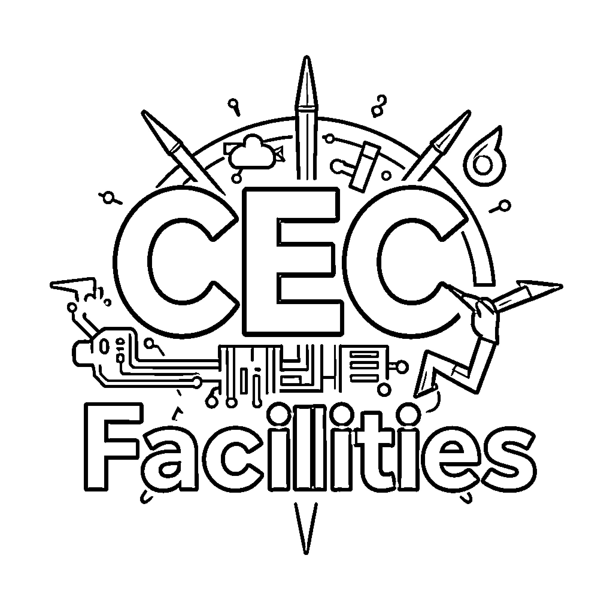 CEC Facilities logo surrounded by various technical tools Coloring Page (free black-and-white line drawing printable PDF for all, from beginners to advanced learners, including children, teens, adults, and seniors)