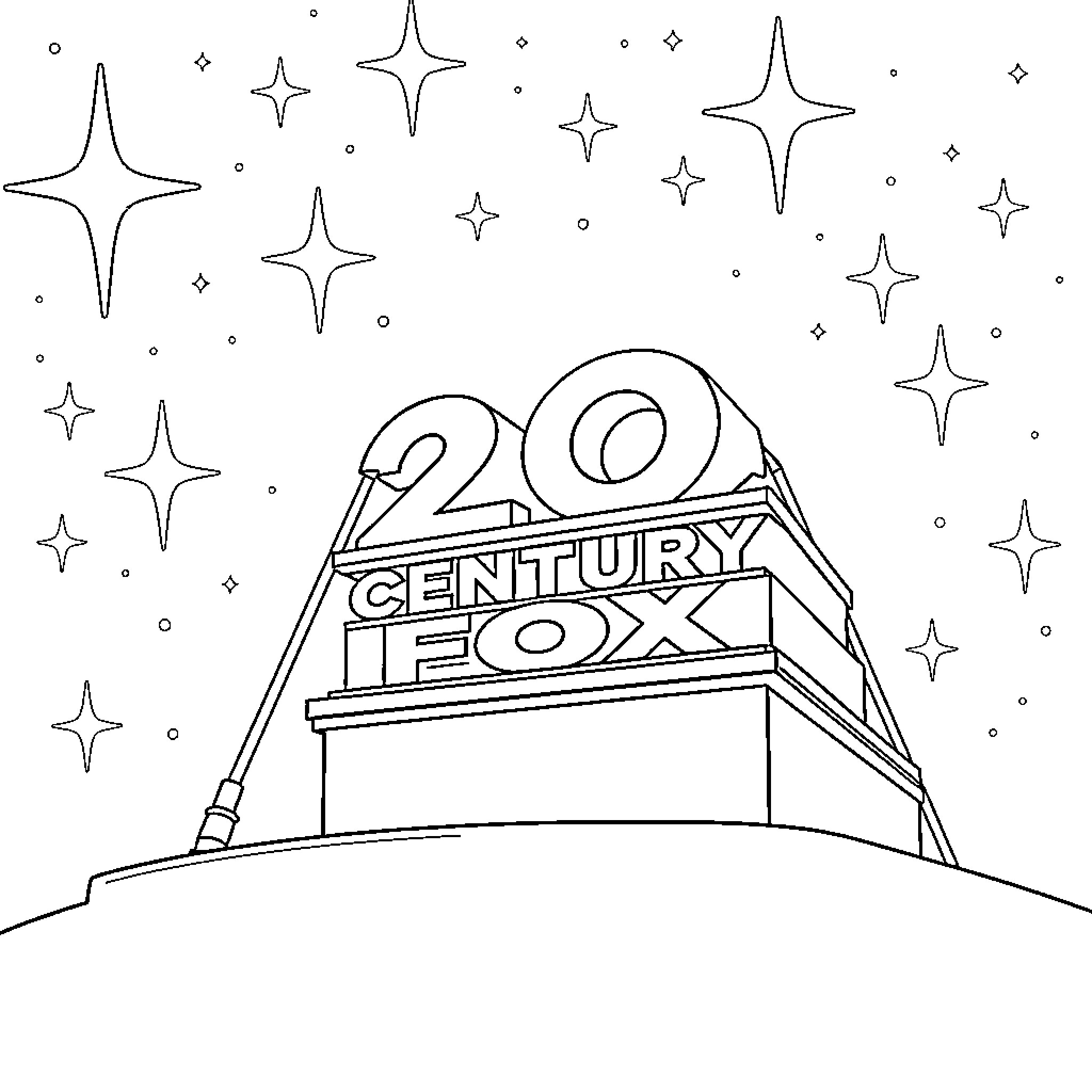 20th Century Fox logo in starry night sky Coloring Page (free black-and-white line drawing printable PDF for all, from beginners to advanced learners, including children, teens, adults, and seniors)