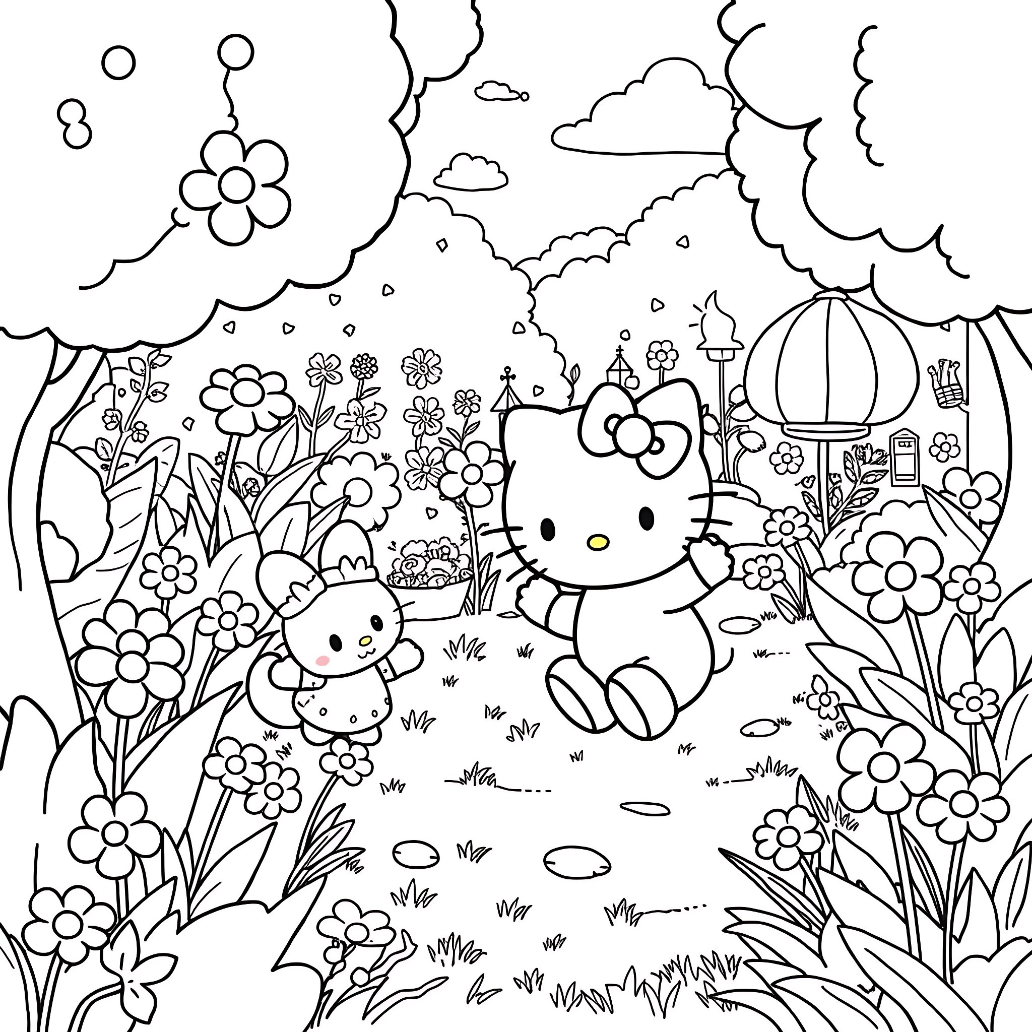 Hello Kitty and friends explore whimsical floral landscape Coloring Page (free black-and-white line drawing printable PDF for all, from beginners to advanced learners, including children, teens, adults, and seniors)