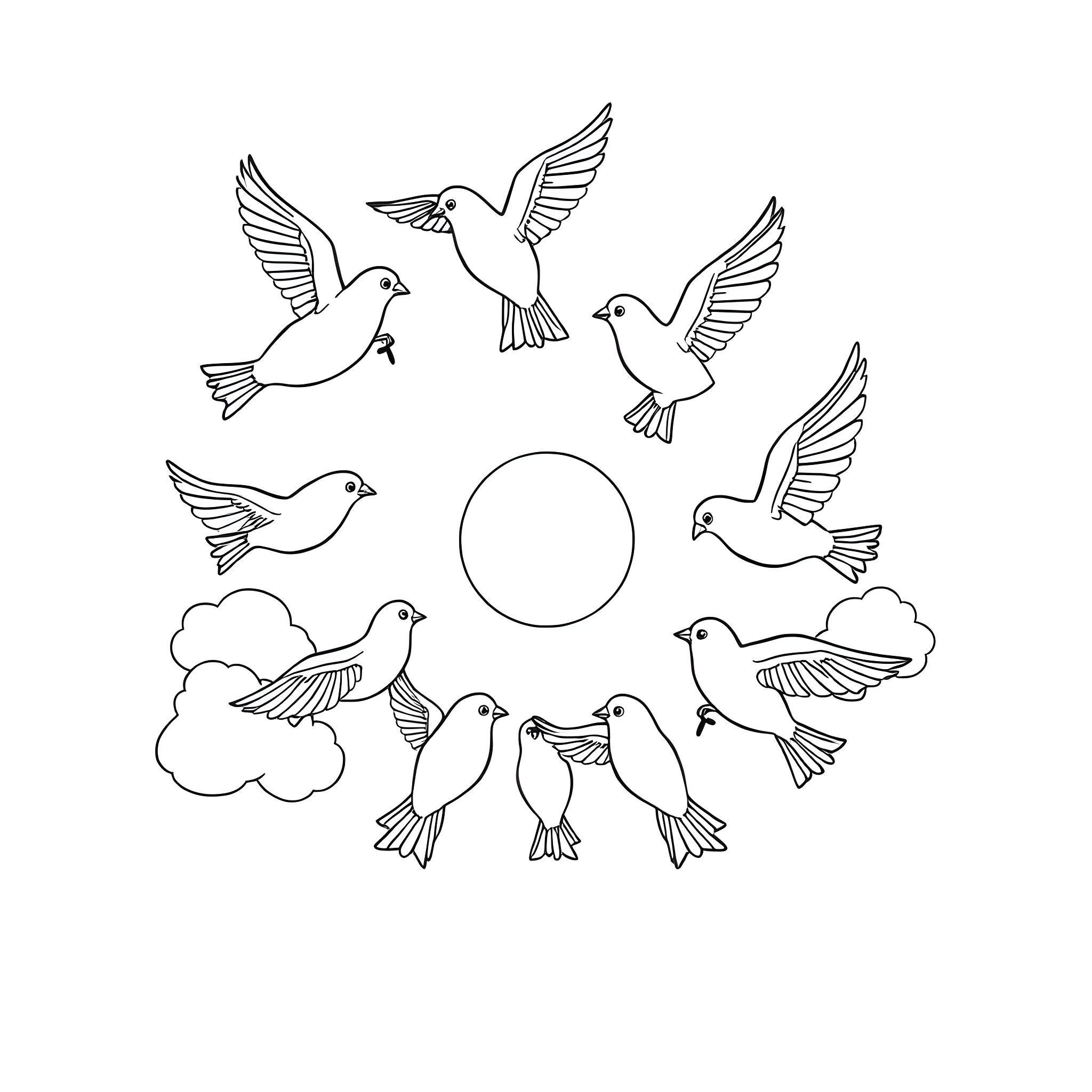 Birds in flight with sun and clouds Coloring Page (free black-and-white line drawing printable PDF for all, from beginners to advanced learners, including children, teens, adults, and seniors)