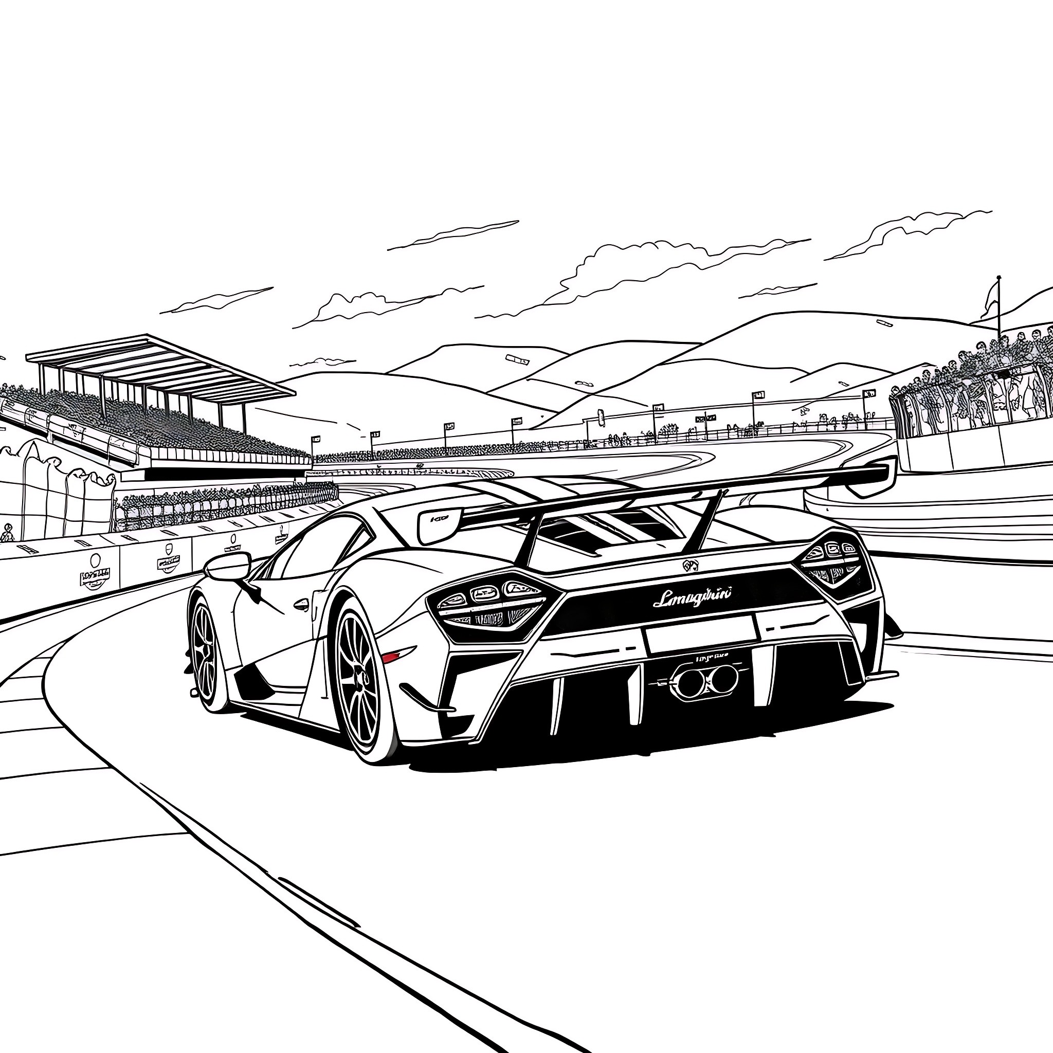 Lamborghini speeding on racing track Coloring Page (free black-and-white line drawing printable PDF for all, from beginners to advanced learners, including children, teens, adults, and seniors)