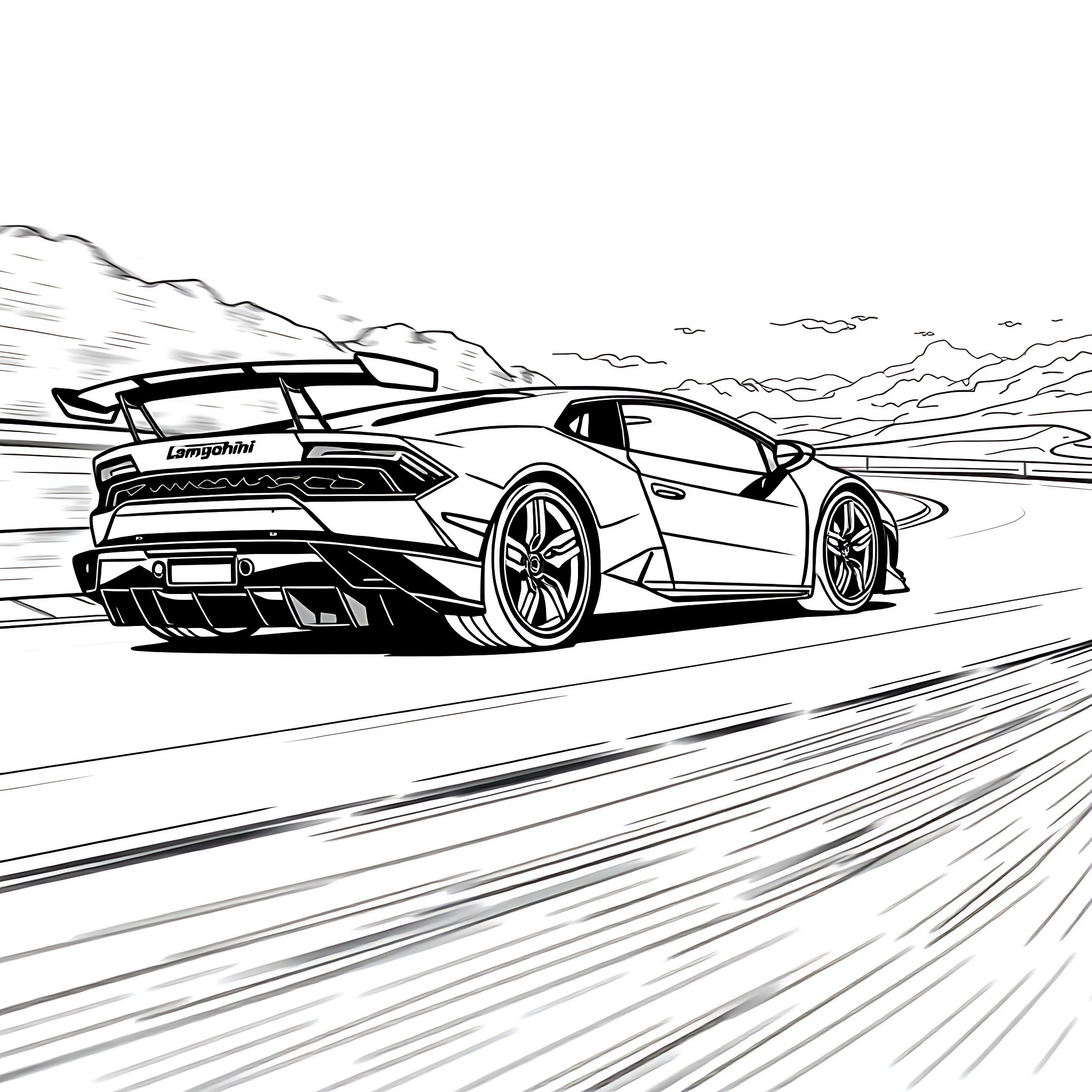 Lamborghini sports car racing on the track Coloring Page (free black-and-white line drawing printable PDF for all, from beginners to advanced learners, including children, teens, adults, and seniors)