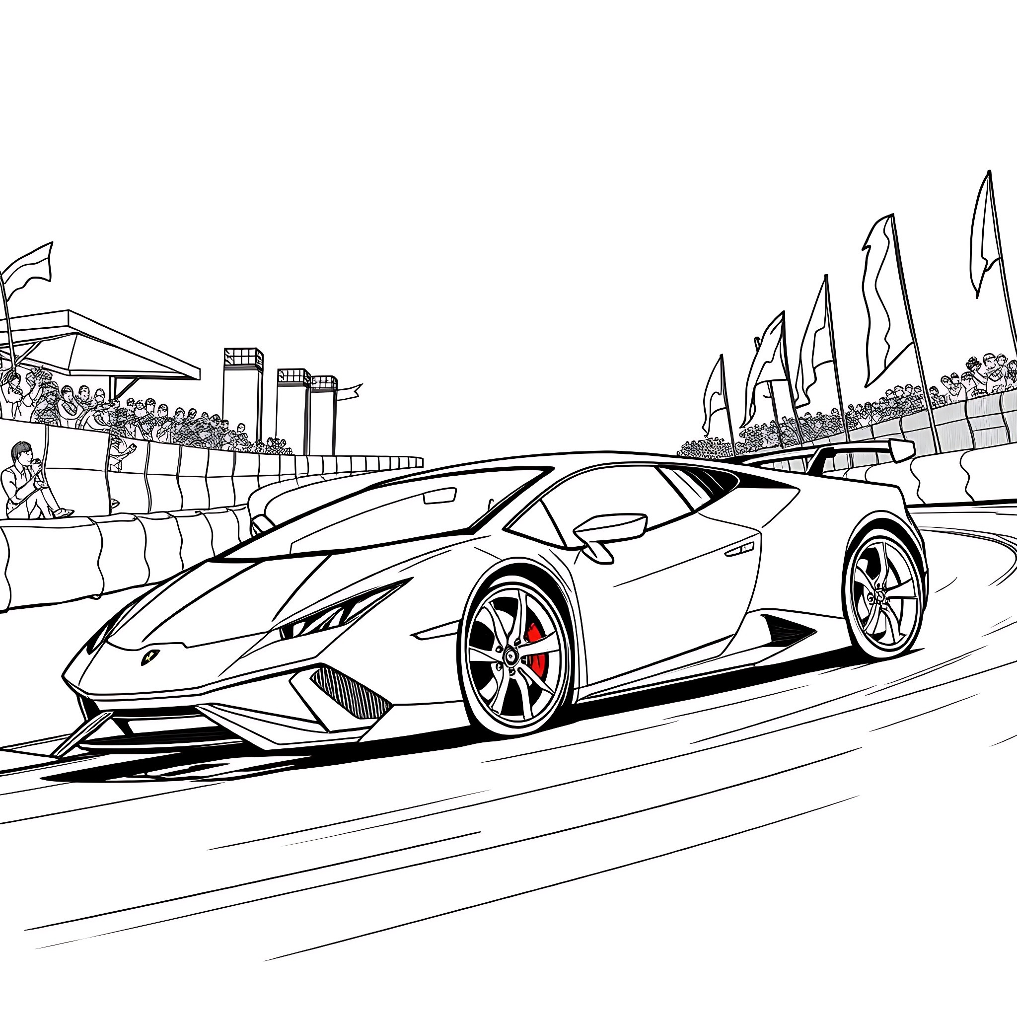 Lamborghini racing on the track with spectators Coloring Page (free black-and-white line drawing printable PDF for all, from beginners to advanced learners, including children, teens, adults, and seniors)