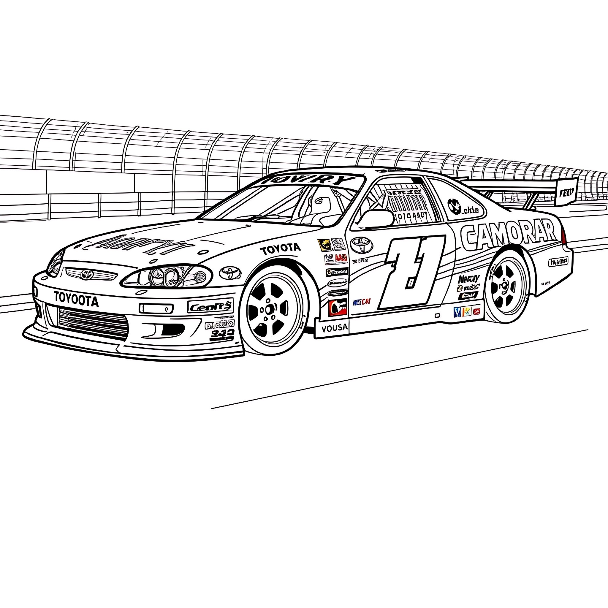 Toyota Race Car Speeding on Track Coloring Page (free black-and-white line drawing printable PDF for all, from beginners to advanced learners, including children, teens, adults, and seniors)