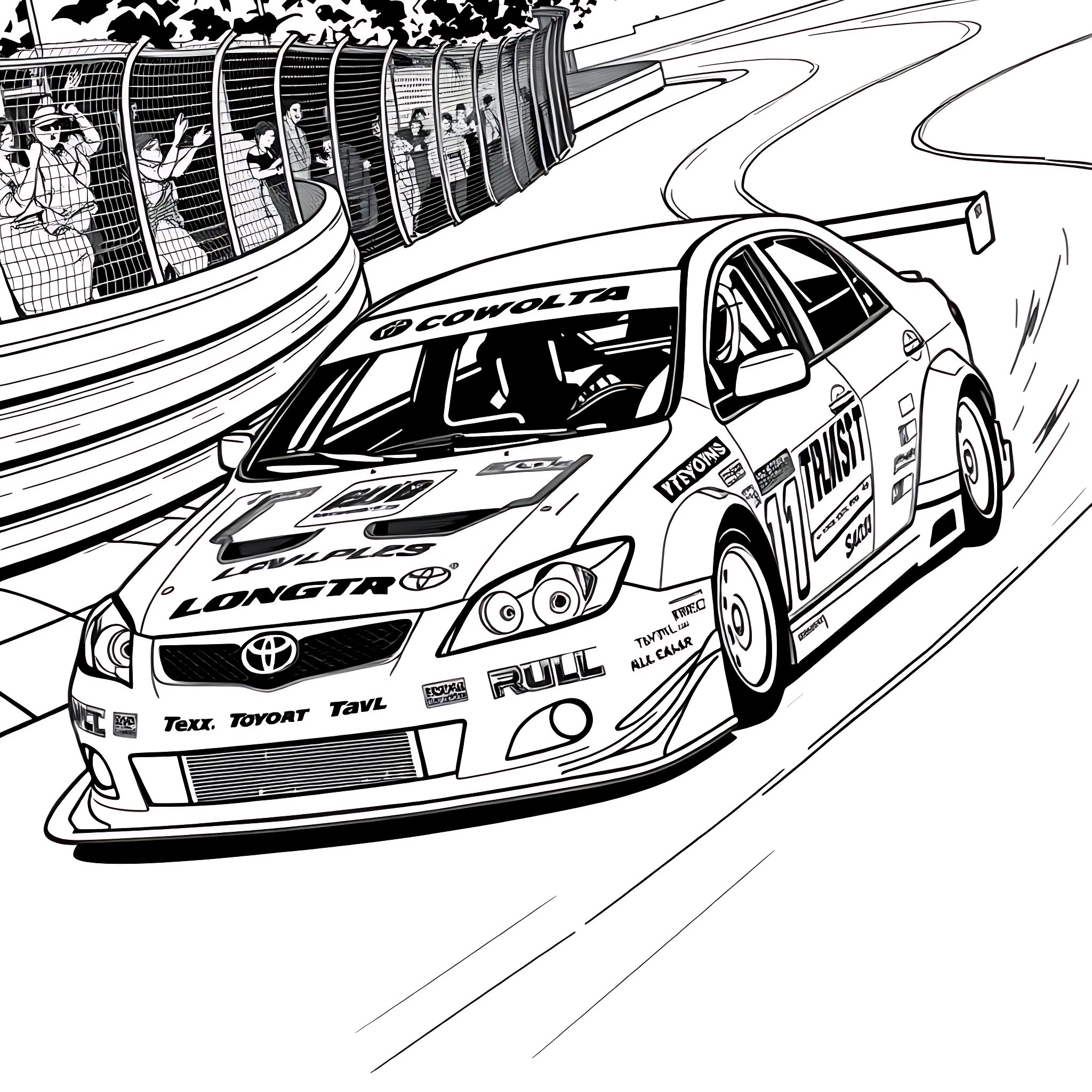 Toyota Corolla racing on track with fans Coloring Page (free black-and-white line drawing printable PDF for all, from beginners to advanced learners, including children, teens, adults, and seniors)