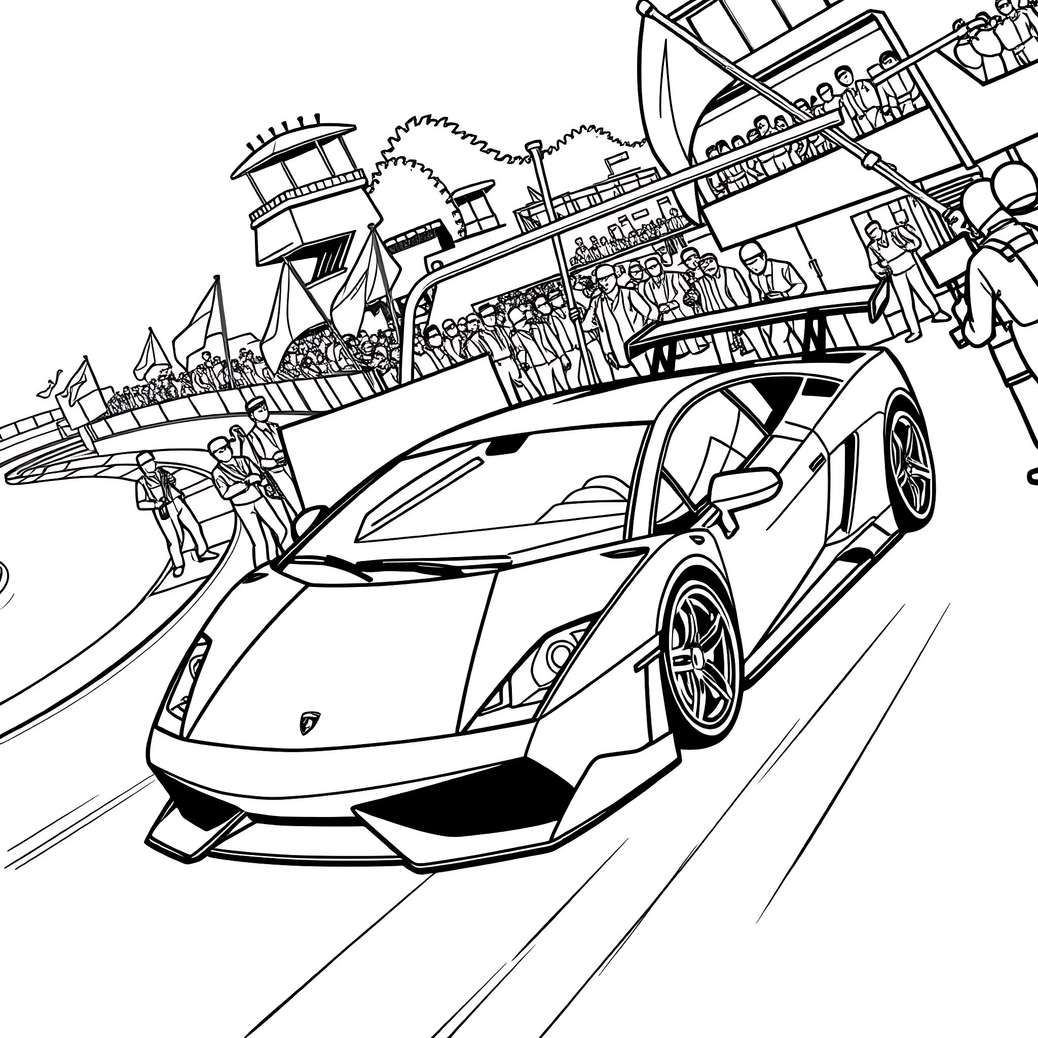 Gallardo racing on the track with spectators Coloring Page (free black-and-white line drawing printable PDF for all, from beginners to advanced learners, including children, teens, adults, and seniors)