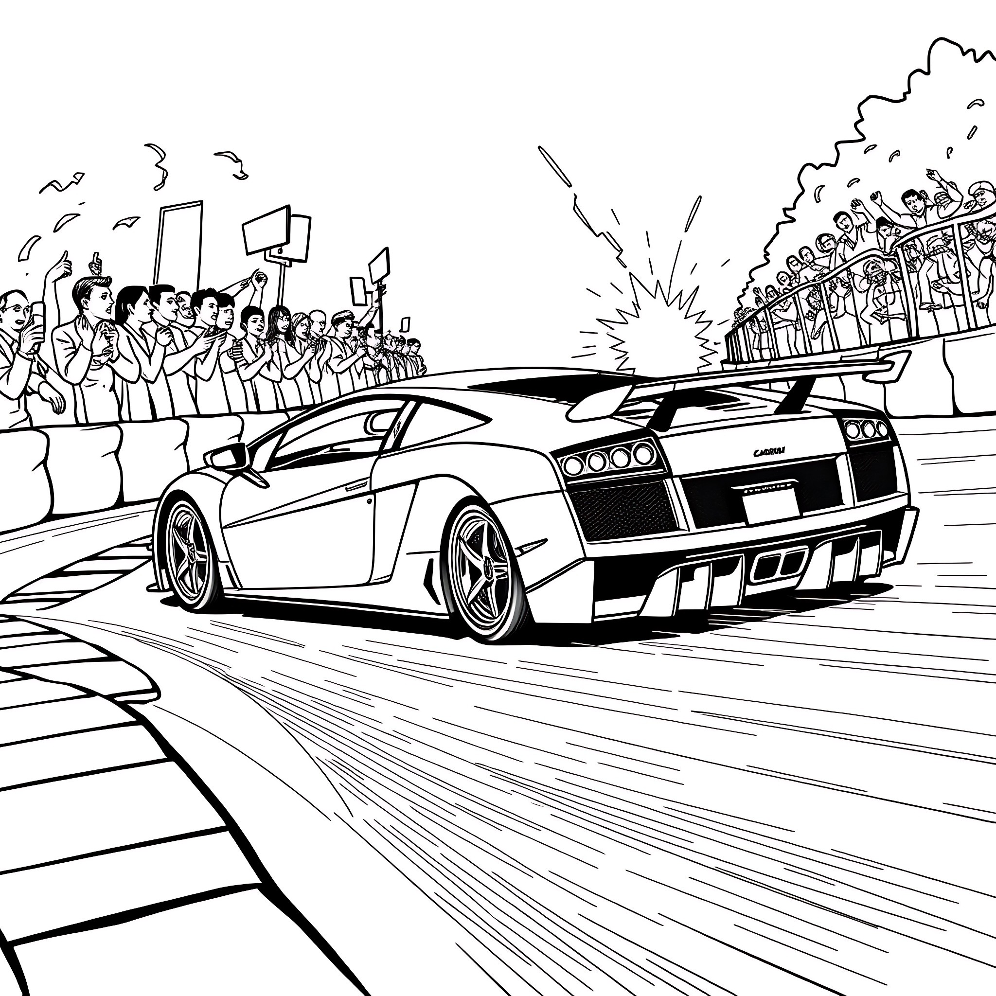 Gallardo racing through the streets with onlookers Coloring Page (free black-and-white line drawing printable PDF for all, from beginners to advanced learners, including children, teens, adults, and seniors)