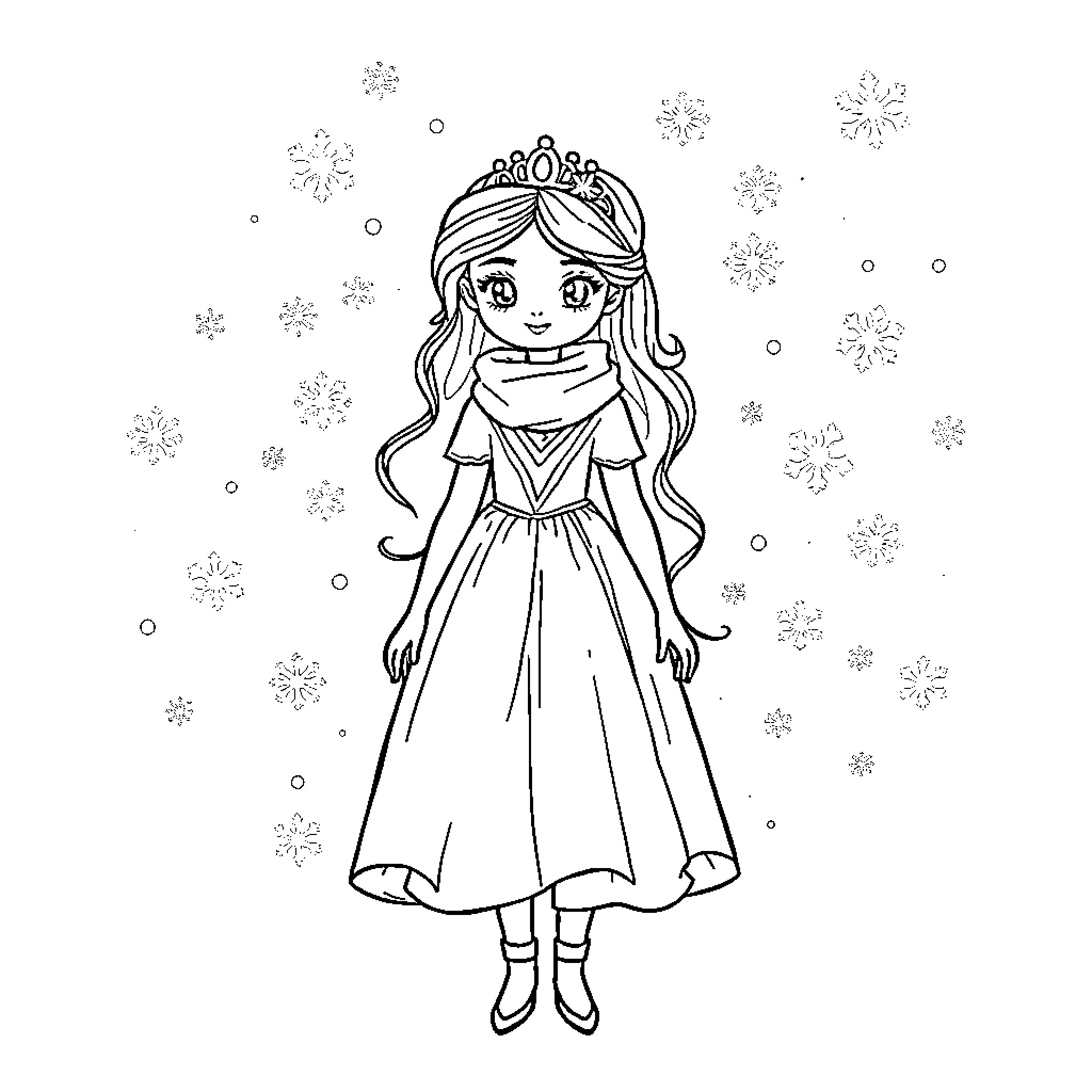 Princess enjoying the winter wonderland Coloring Page (free black-and-white line drawing printable PDF for all, from beginners to advanced learners, including children, teens, adults, and seniors)