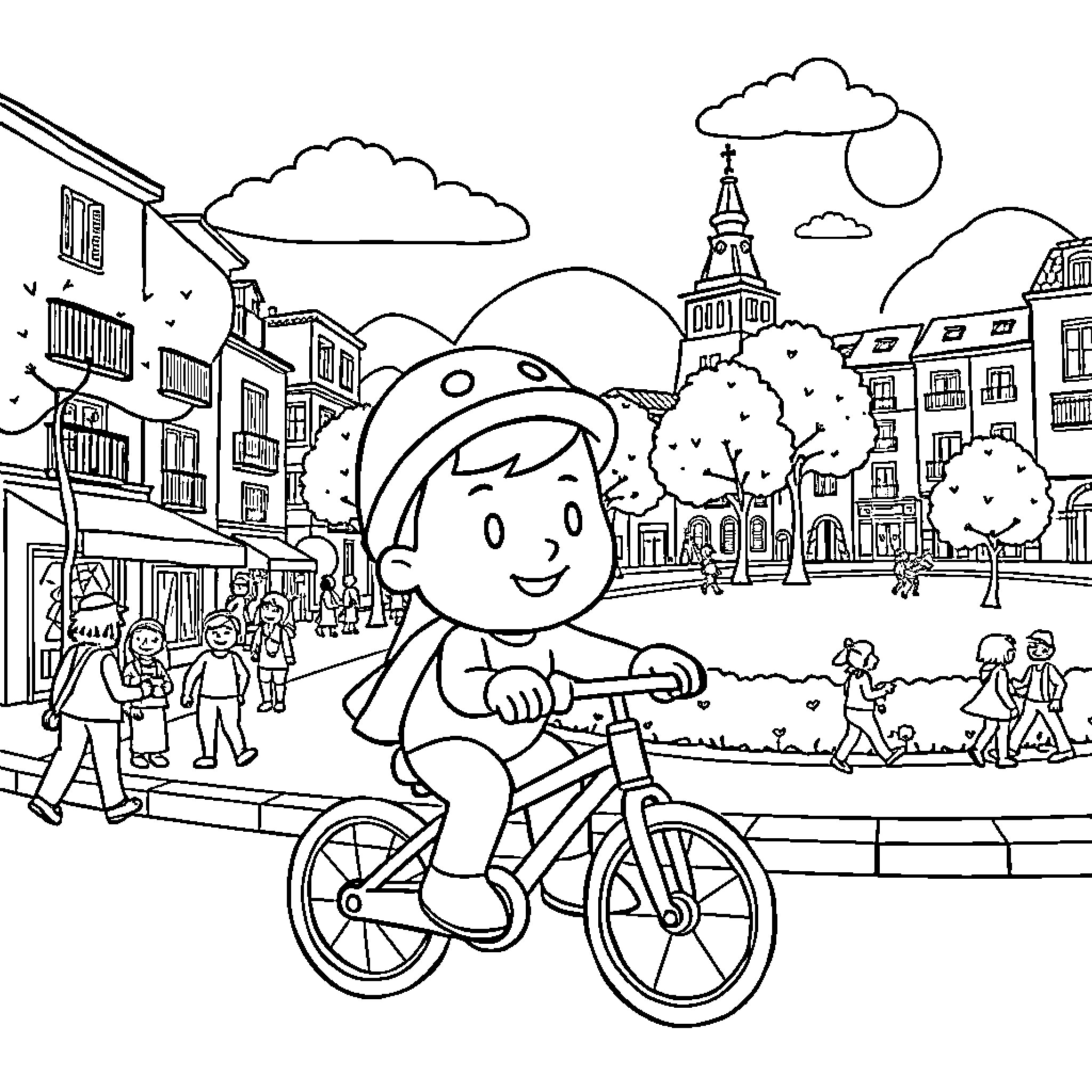 Pocoyo exploring the city on his bicycle Coloring Page (free black-and-white line drawing printable PDF for all, from beginners to advanced learners, including children, teens, adults, and seniors)