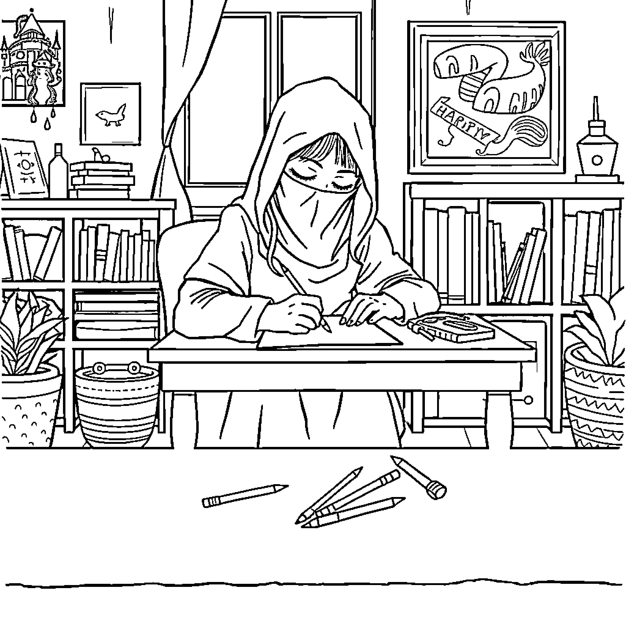 Girl Studying Diligently in Cozy Room Coloring Page (free black-and-white line drawing printable PDF for all, from beginners to advanced learners, including children, teens, adults, and seniors)