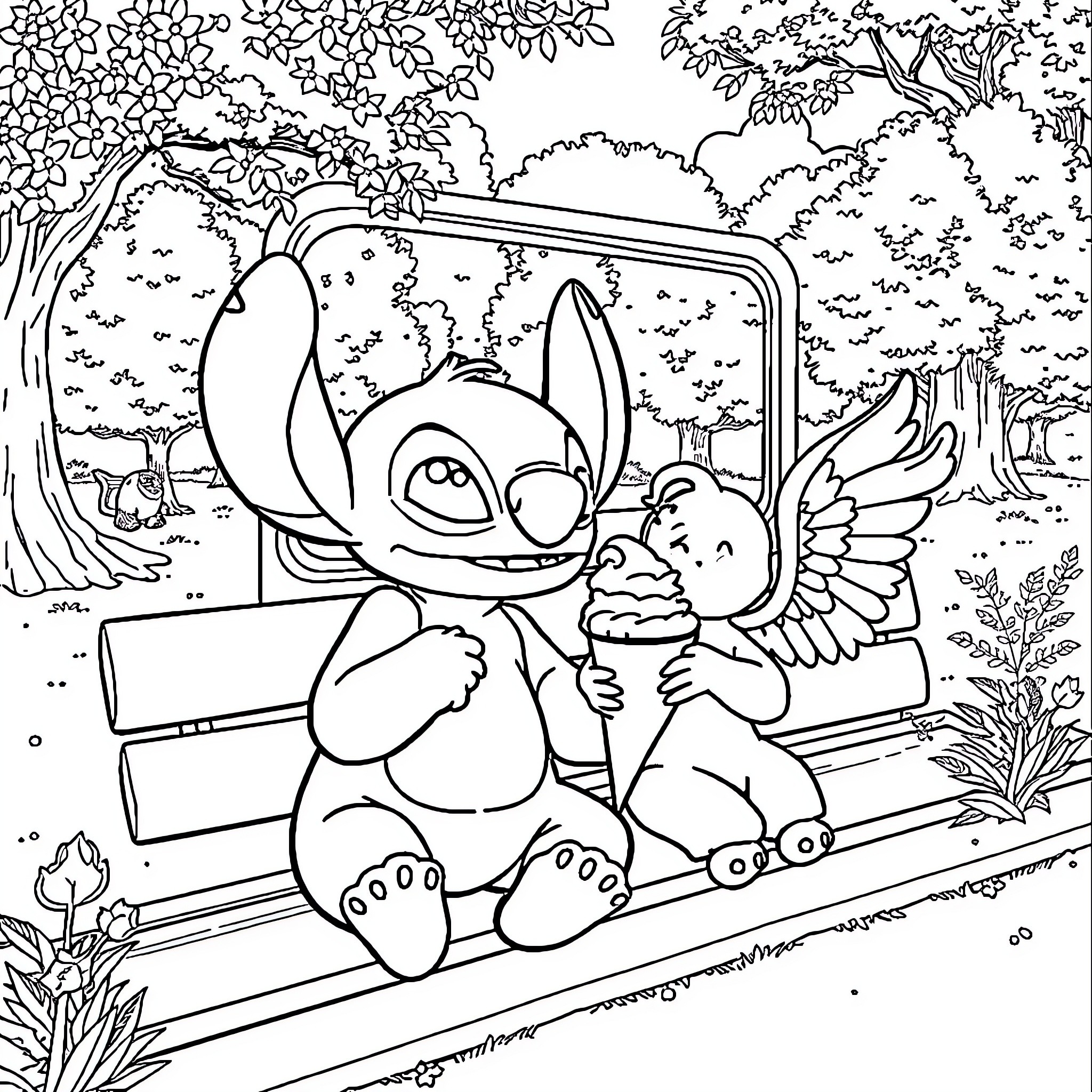 Stitch sharing a sweet treat with a winged friend in the forest Coloring Page (free black-and-white line drawing printable PDF for all, from beginners to advanced learners, including children, teens, adults, and seniors)