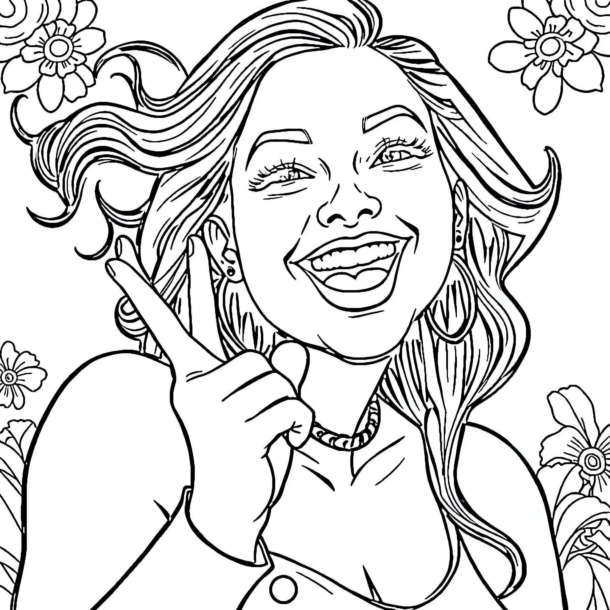 Lyna Vallejos smiling and gesturing happily Coloring Page (free black-and-white line drawing printable PDF for all, from beginners to advanced learners, including children, teens, adults, and seniors)
