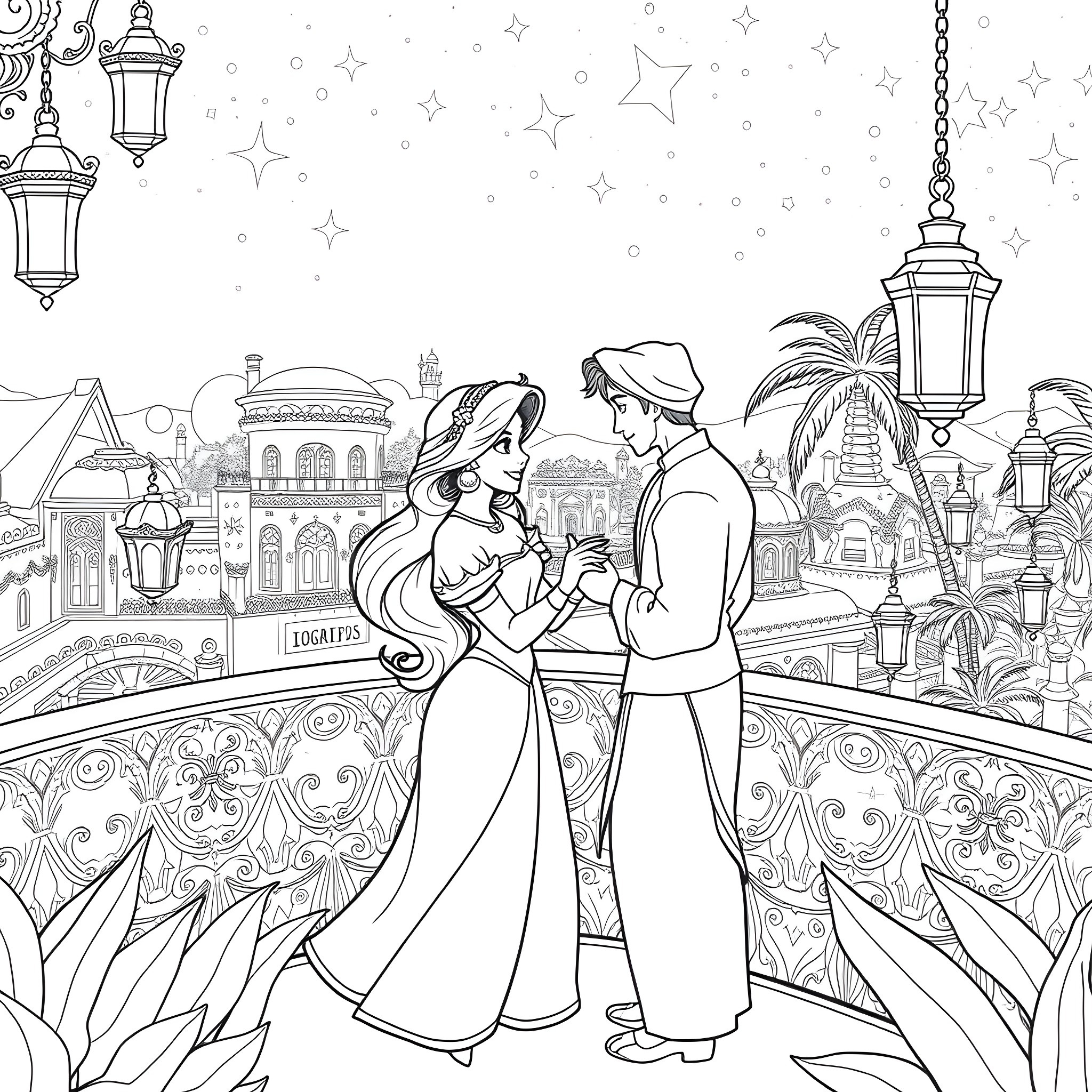 Jasmine and Aladdin's Romantic Evening in Agrabah Coloring Page (free black-and-white line drawing printable PDF for all, from beginners to advanced learners, including children, teens, adults, and seniors)