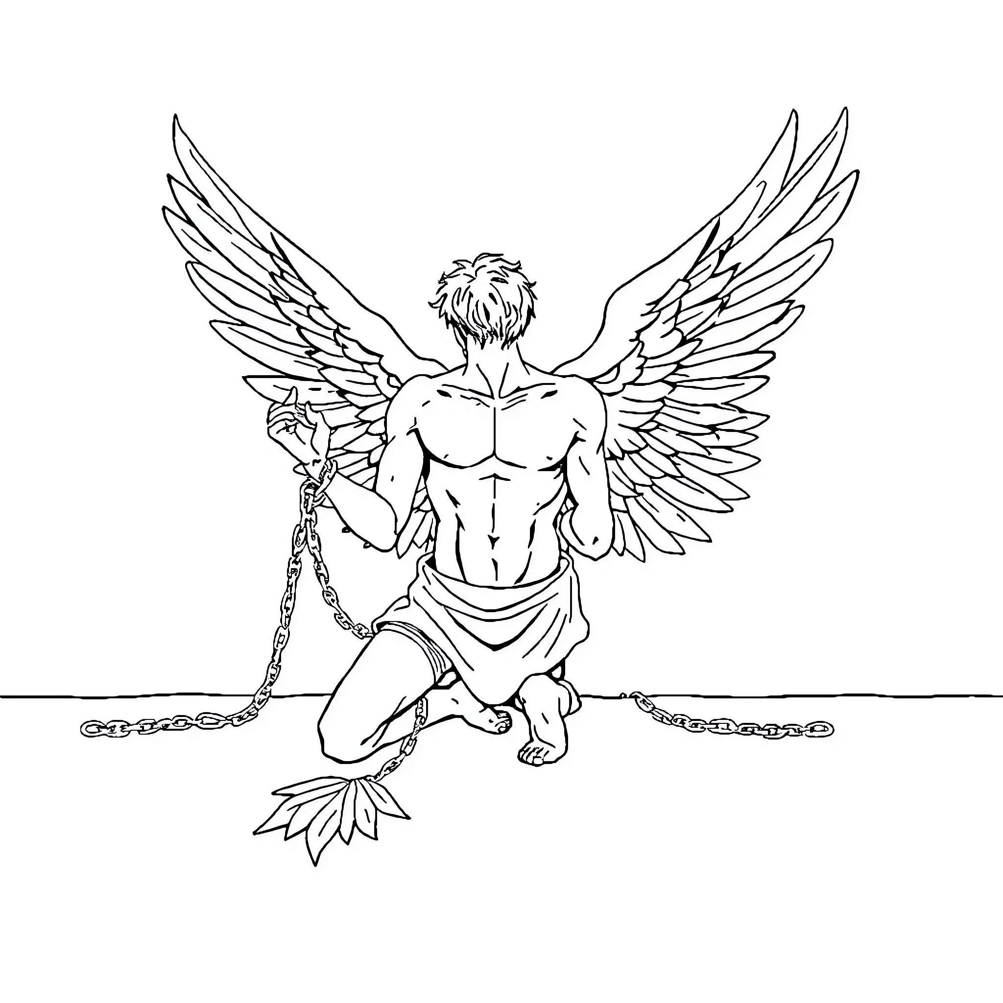 Ange's Winged Warrior with Chains Coloring Page (free black-and-white line drawing printable PDF for all, from beginners to advanced learners, including children, teens, adults, and seniors)