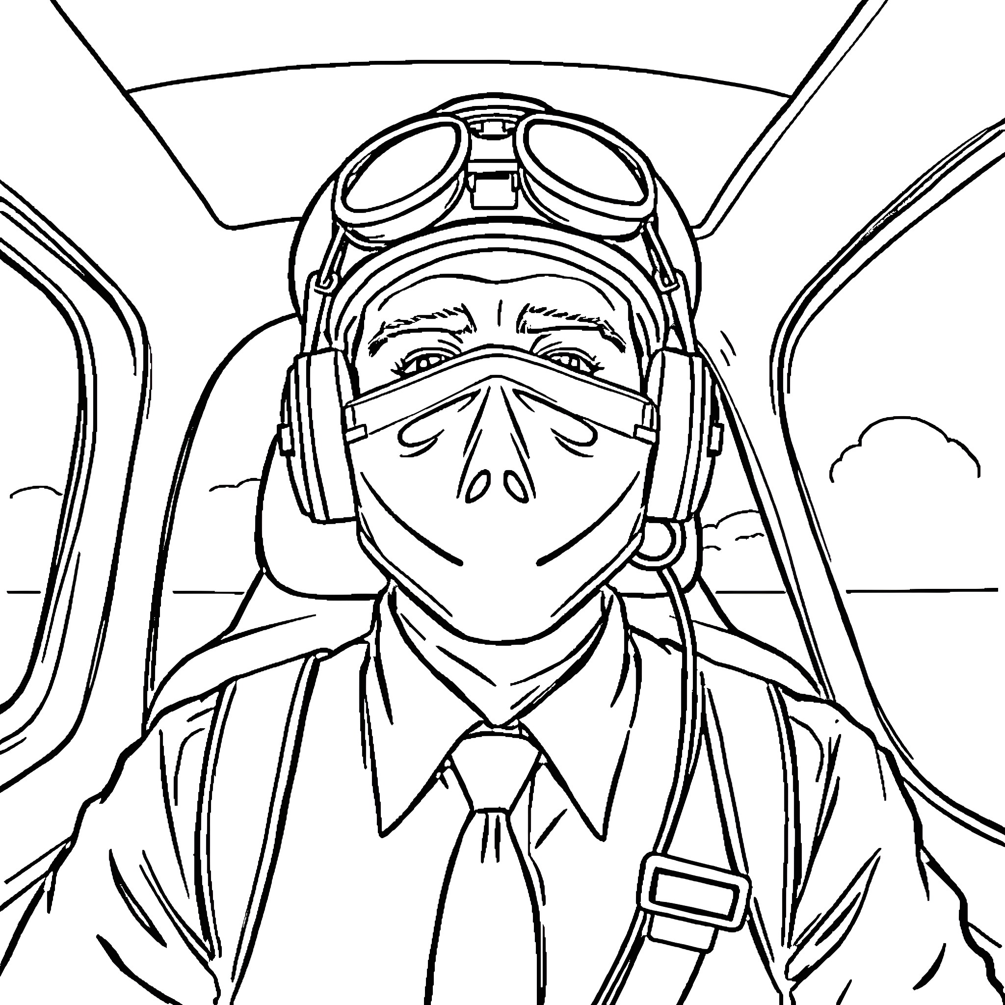 Airplane Pilot in Cockpit with Gear Coloring Page (free black-and-white line drawing printable PDF for all, from beginners to advanced learners, including children, teens, adults, and seniors)
